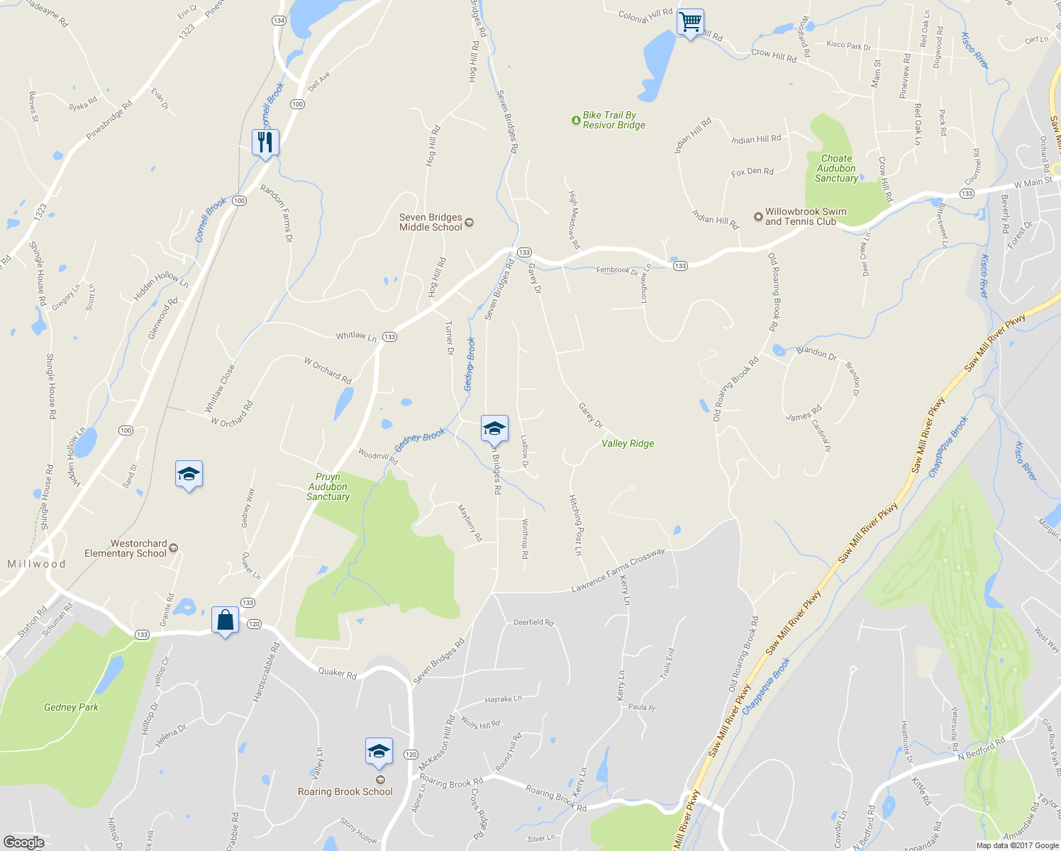 map of restaurants, bars, coffee shops, grocery stores, and more near 27 Ludlow Drive in Chappaqua