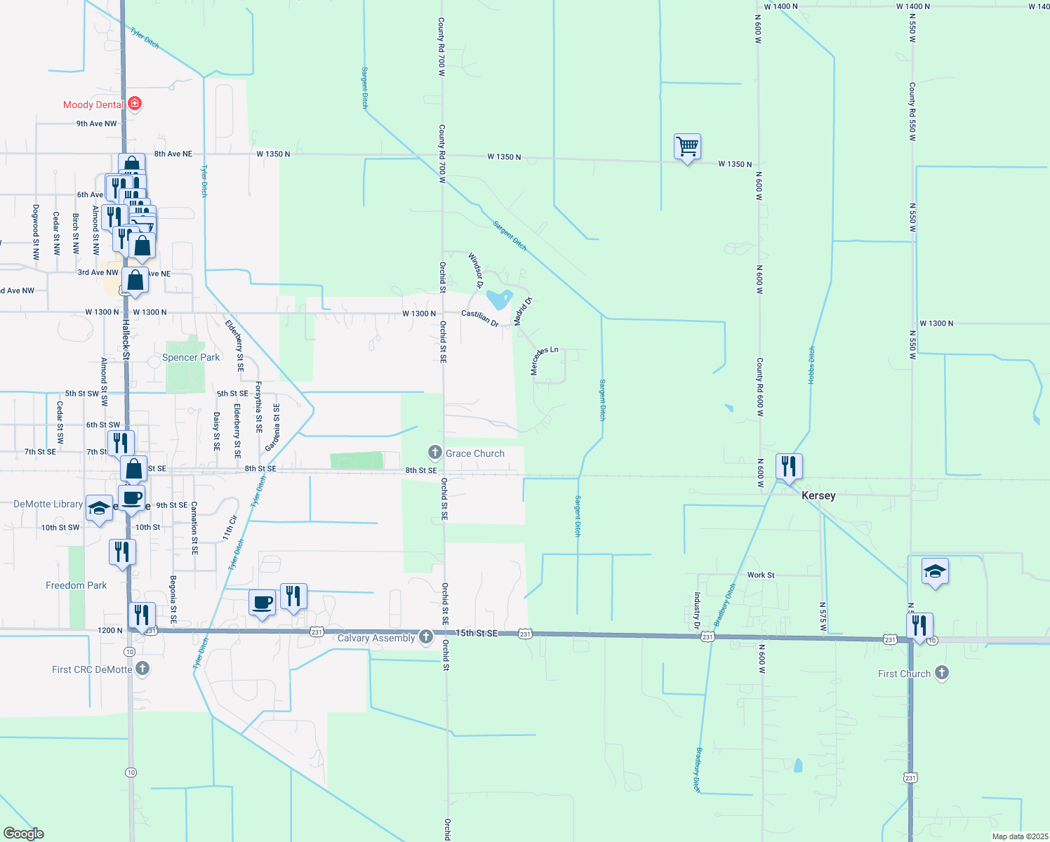 map of restaurants, bars, coffee shops, grocery stores, and more near 6614 Ridgeview Drive in De Motte