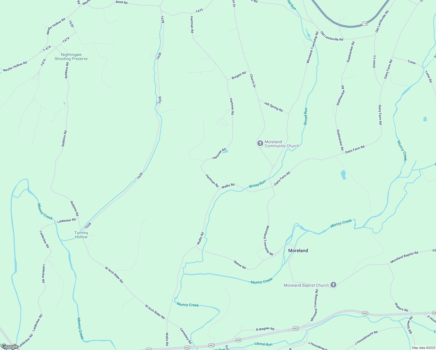 map of restaurants, bars, coffee shops, grocery stores, and more near 1445 Hartman Road in Muncy