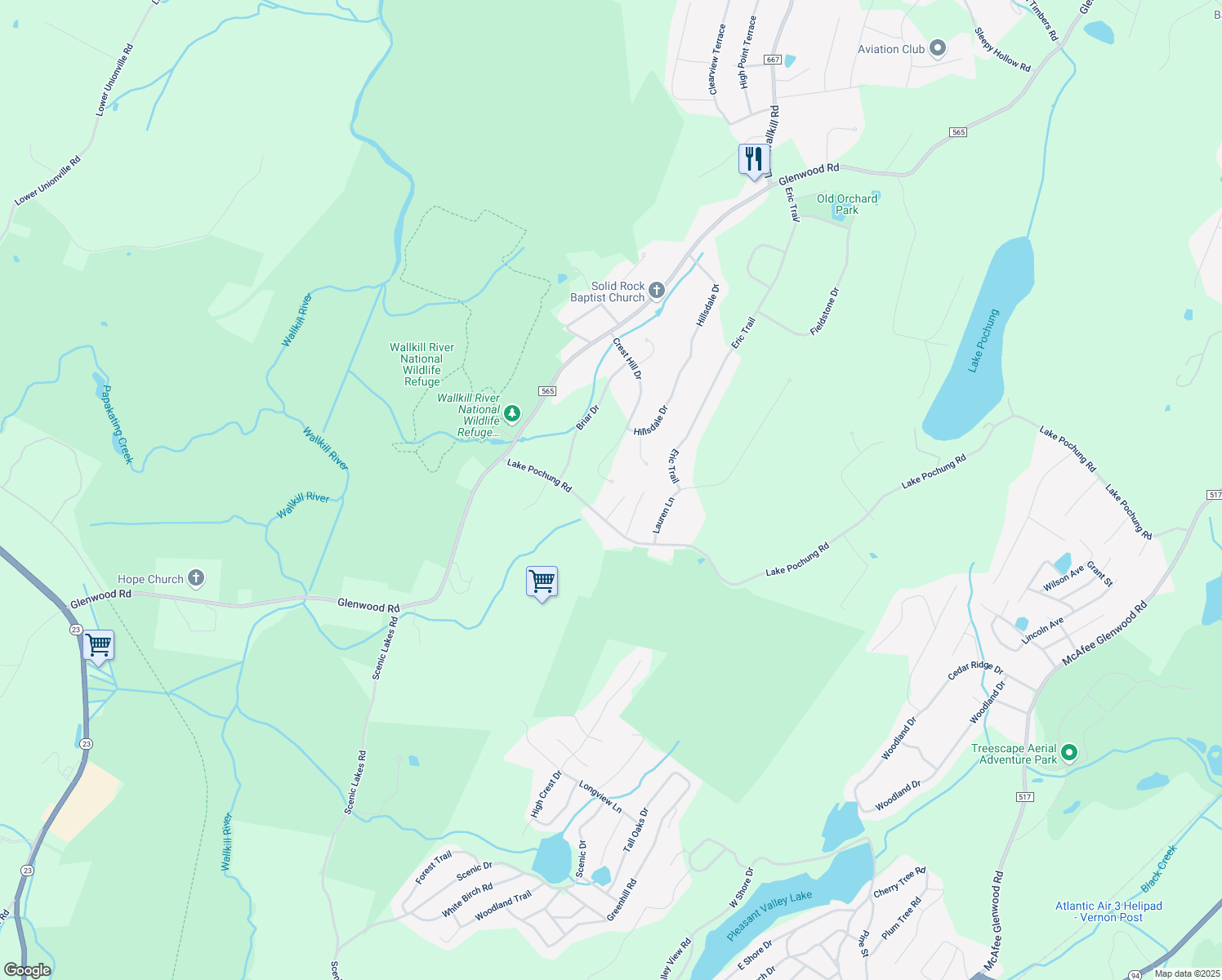 map of restaurants, bars, coffee shops, grocery stores, and more near 36 Crest Hill Drive in Sussex