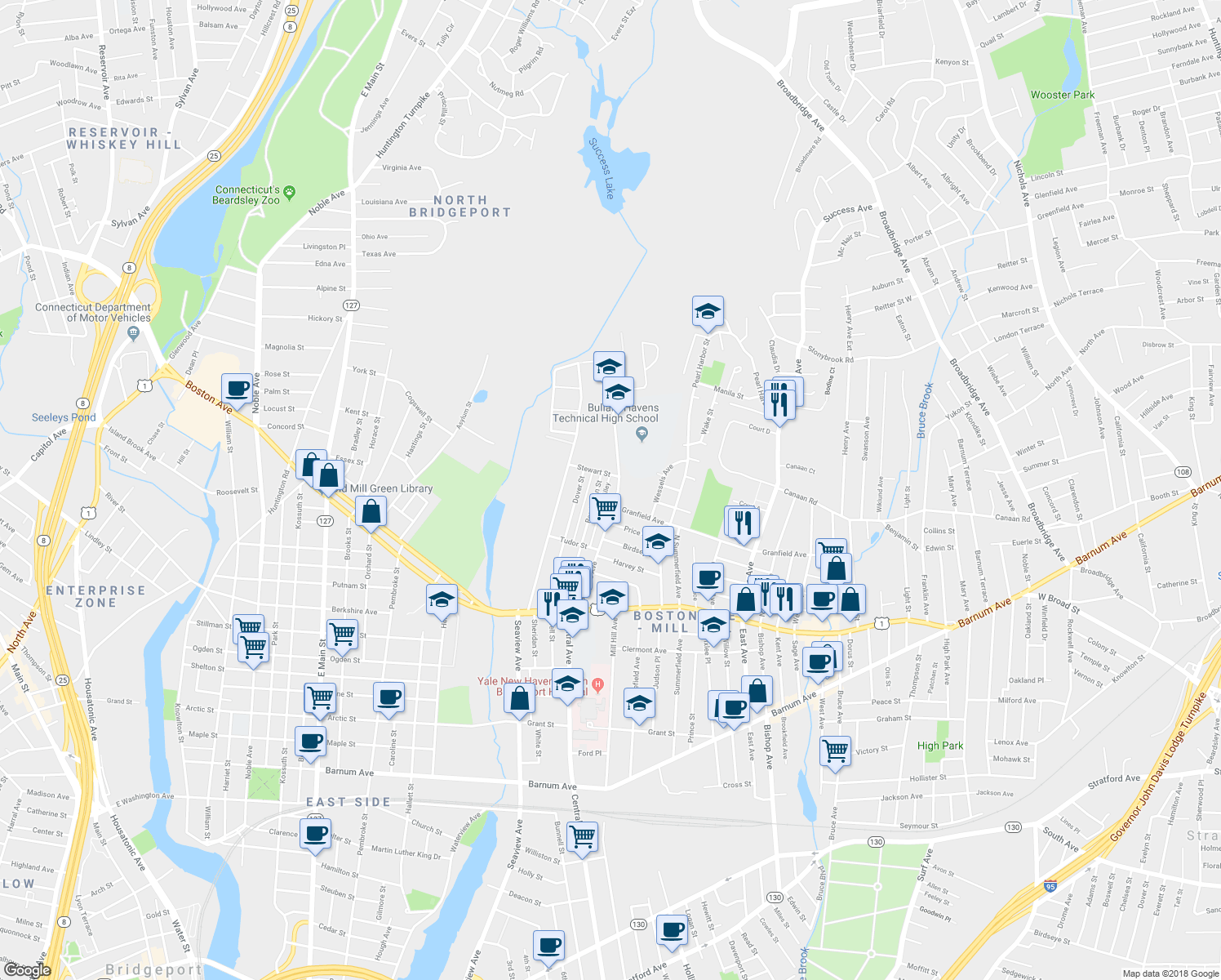 map of restaurants, bars, coffee shops, grocery stores, and more near 275 Palisade Avenue in Bridgeport