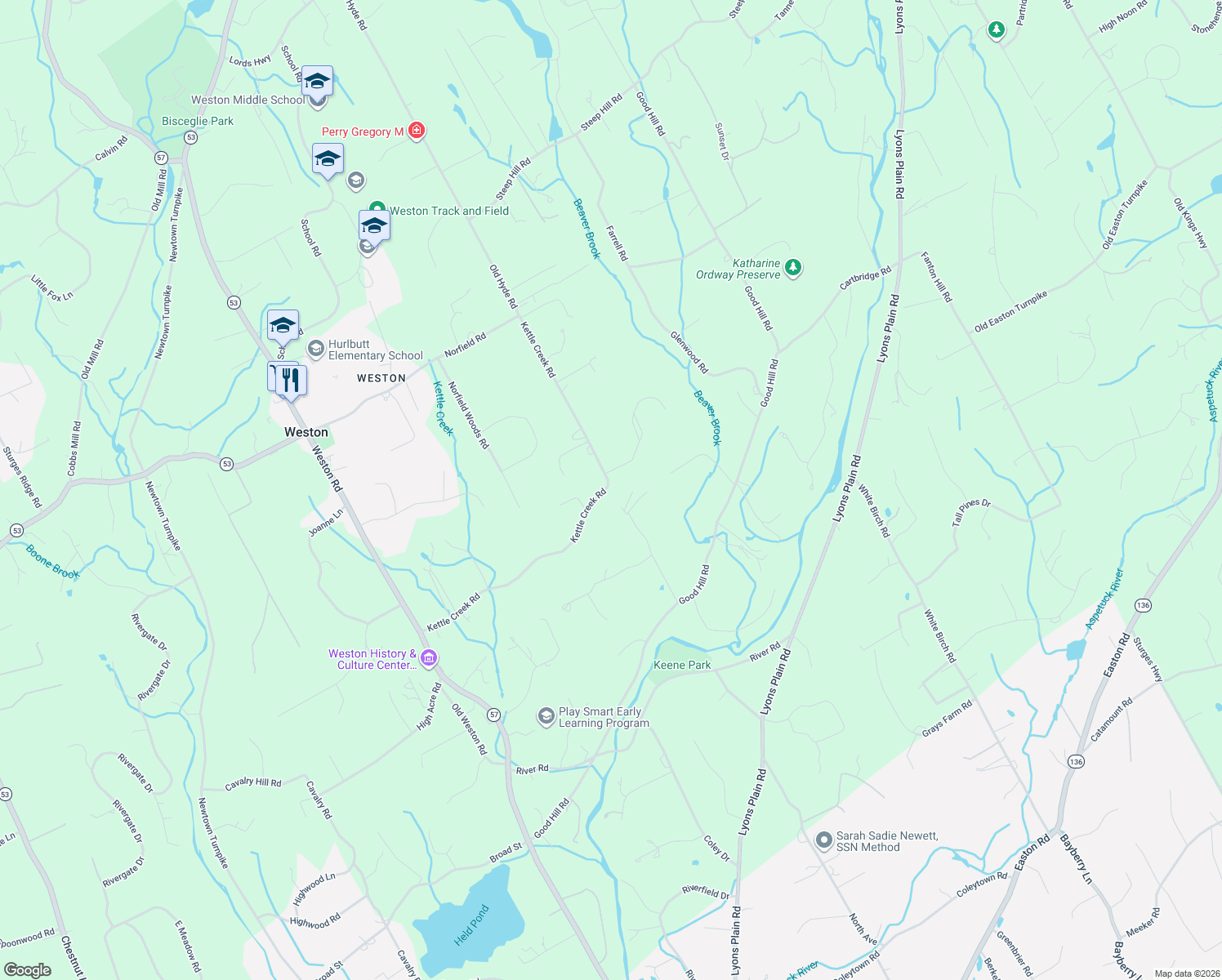 map of restaurants, bars, coffee shops, grocery stores, and more near 65 Kettle Creek Road in Weston