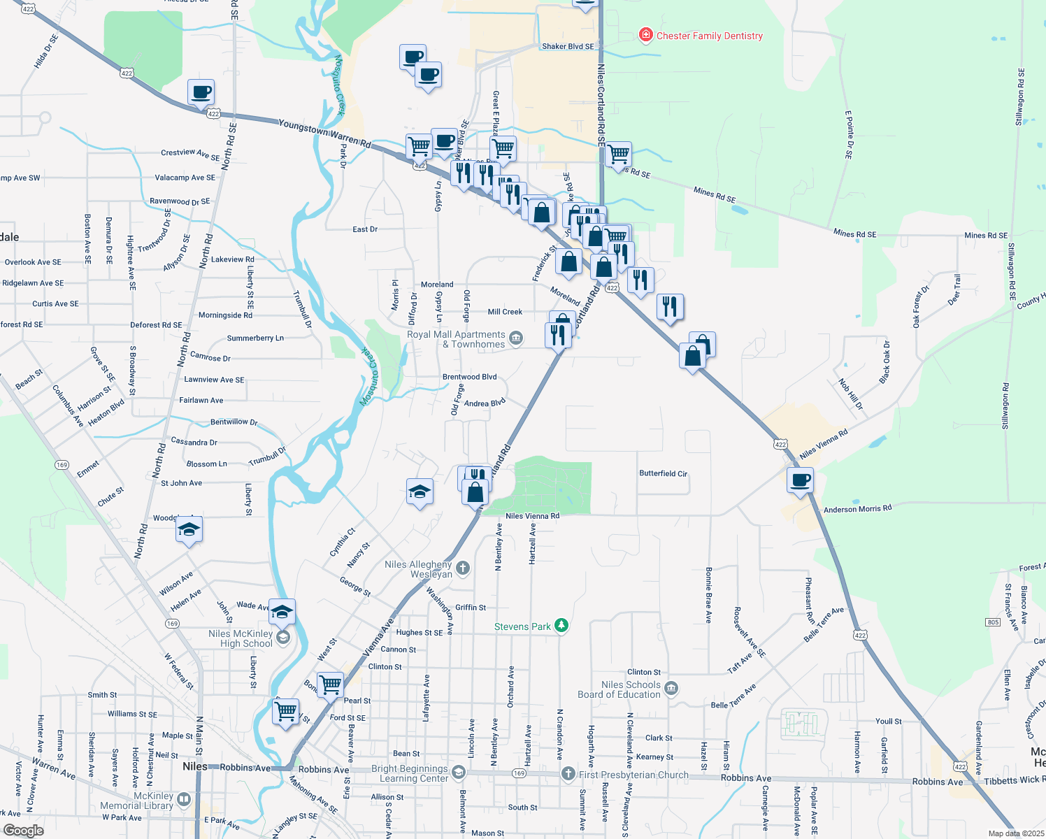 map of restaurants, bars, coffee shops, grocery stores, and more near 1317 Niles Cortland Road in Niles