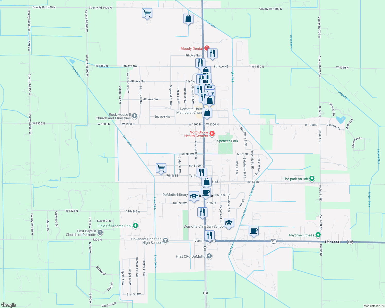 map of restaurants, bars, coffee shops, grocery stores, and more near 5th St SW in De Motte