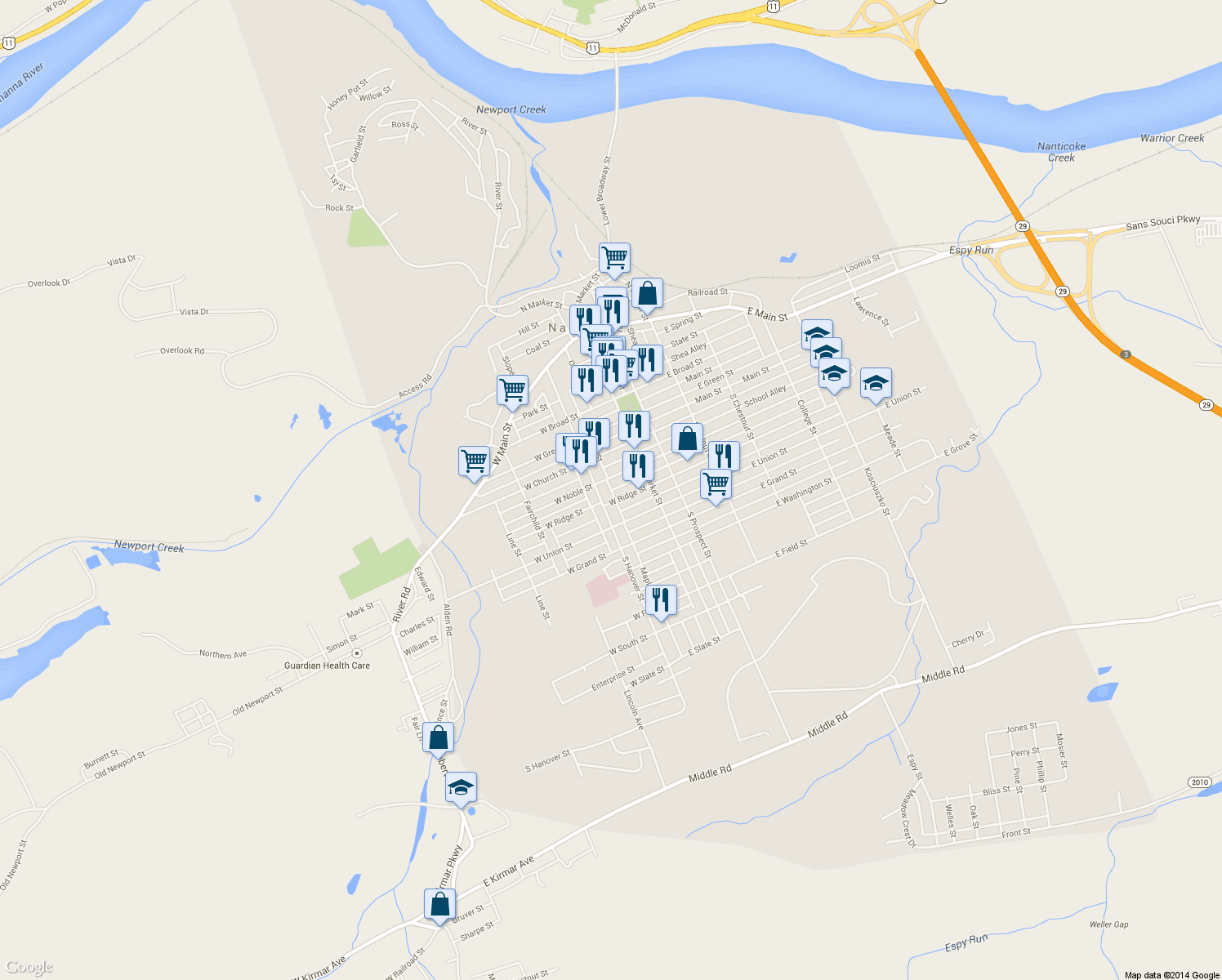 map of restaurants, bars, coffee shops, grocery stores, and more near 549 Maple Street in Nanticoke