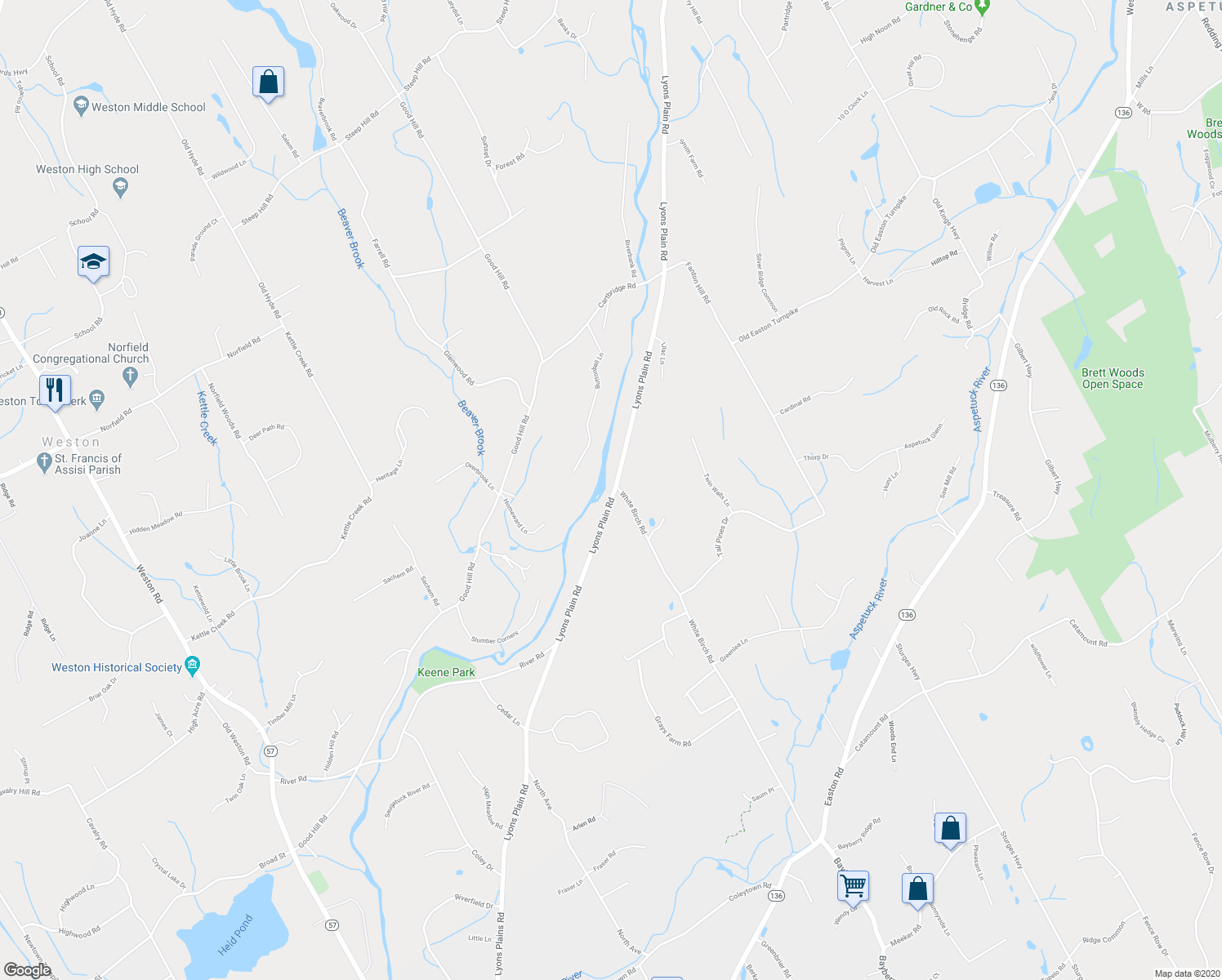 map of restaurants, bars, coffee shops, grocery stores, and more near 120 Lyons Plain Road in Weston