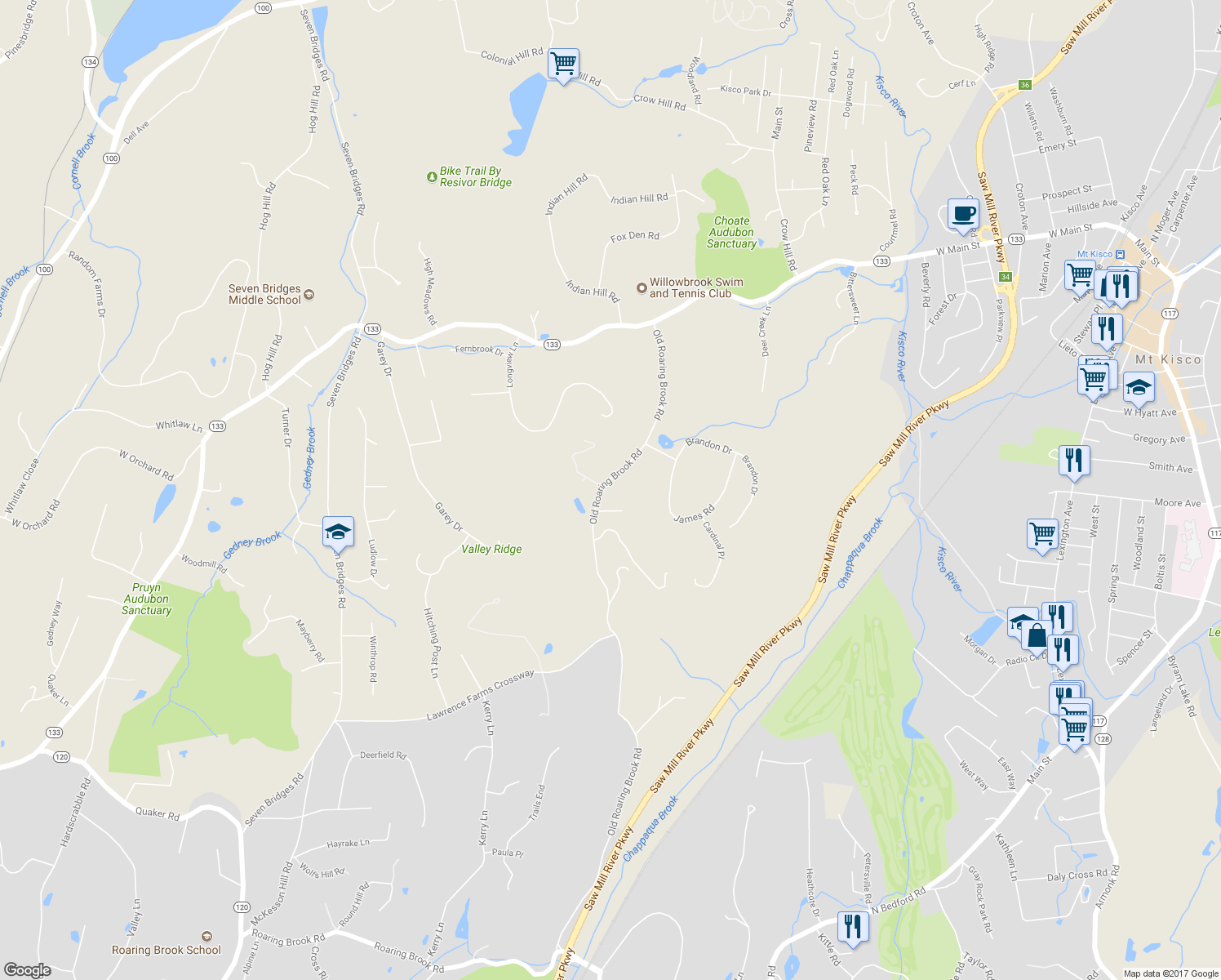 map of restaurants, bars, coffee shops, grocery stores, and more near 49 Old Roaring Brook Road in Mount Kisco