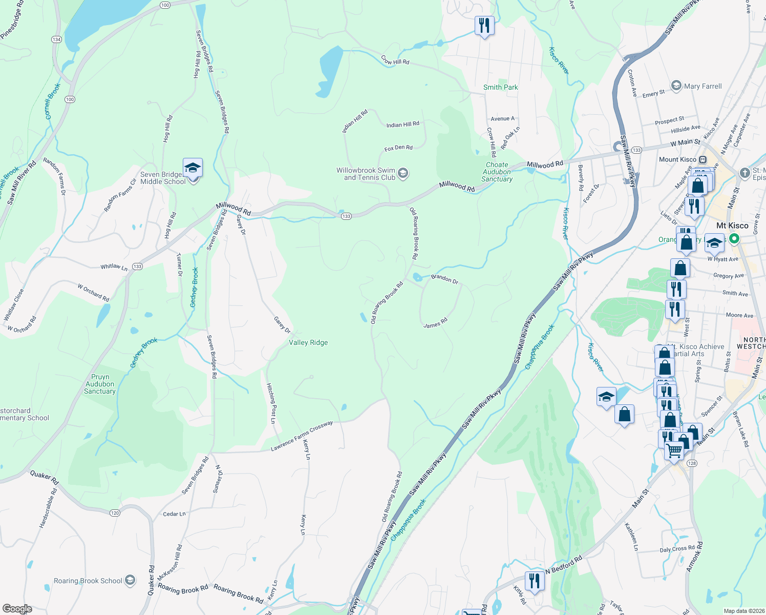 map of restaurants, bars, coffee shops, grocery stores, and more near 49 Old Roaring Brook Road in Mount Kisco