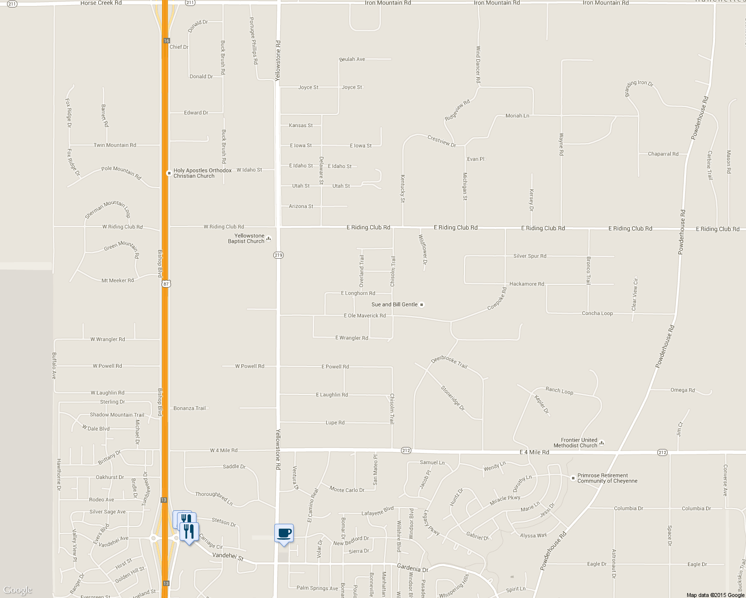 map of restaurants, bars, coffee shops, grocery stores, and more near 605 East Longhorn Road in Cheyenne