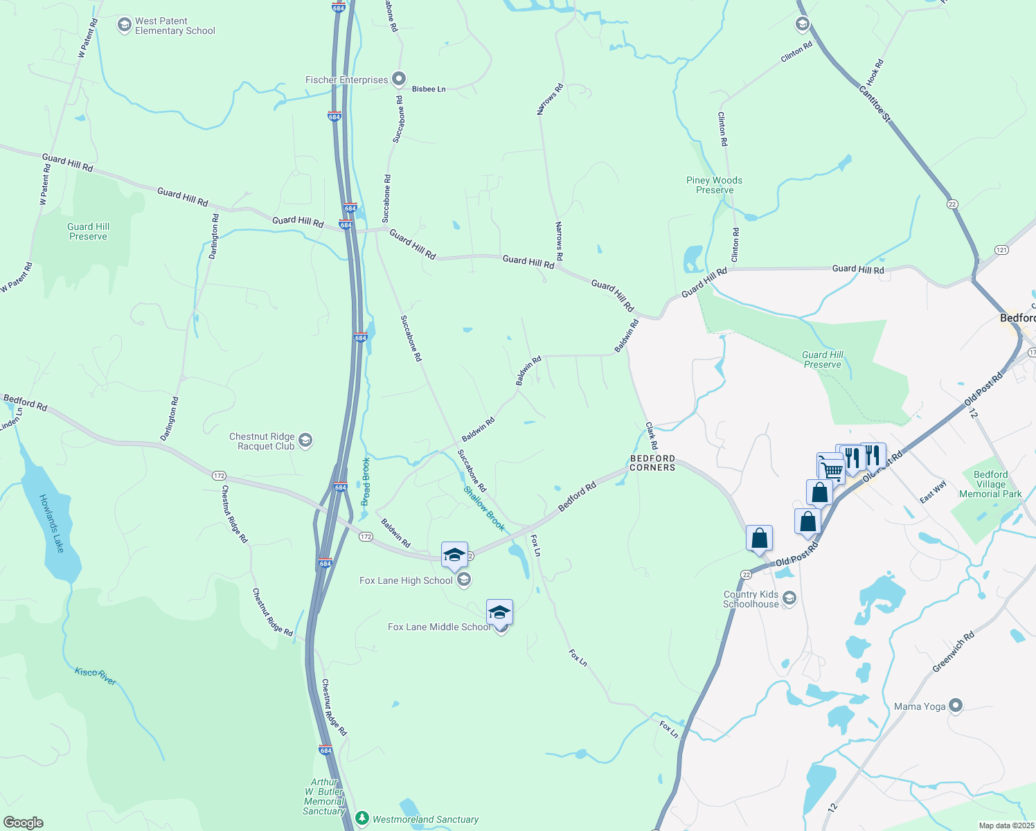 map of restaurants, bars, coffee shops, grocery stores, and more near 153 Baldwin Road in Mount Kisco