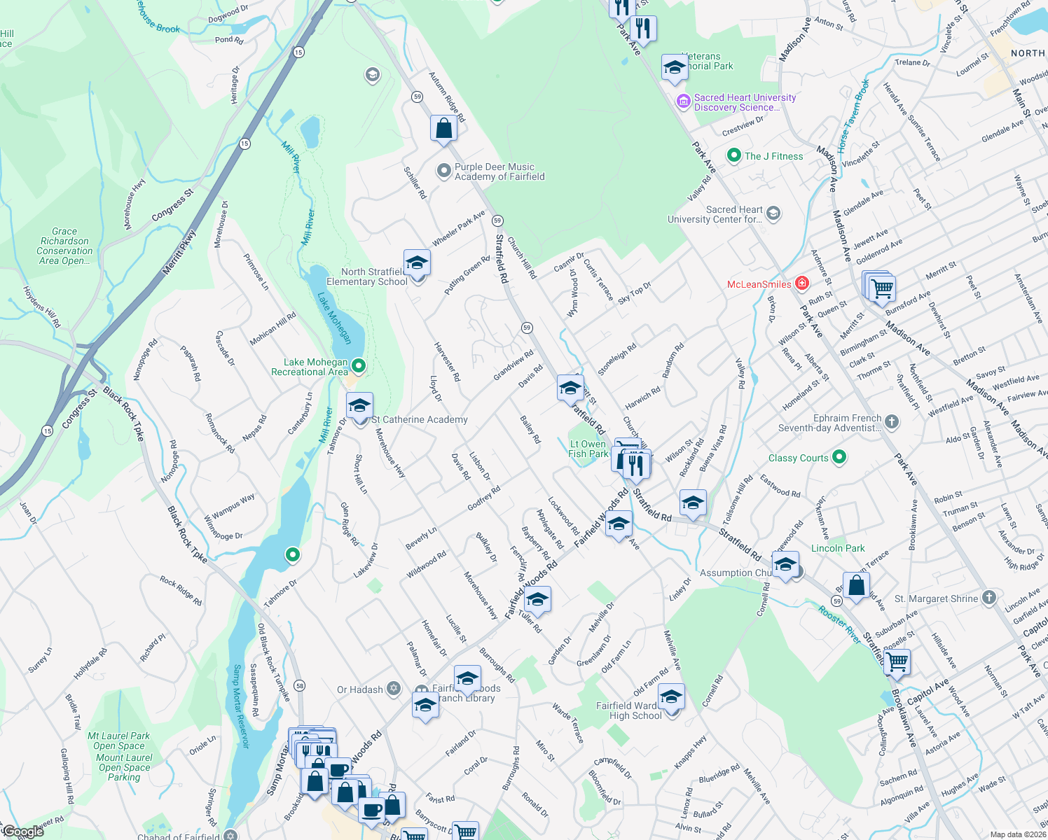 map of restaurants, bars, coffee shops, grocery stores, and more near 70 Bailey Road in Fairfield