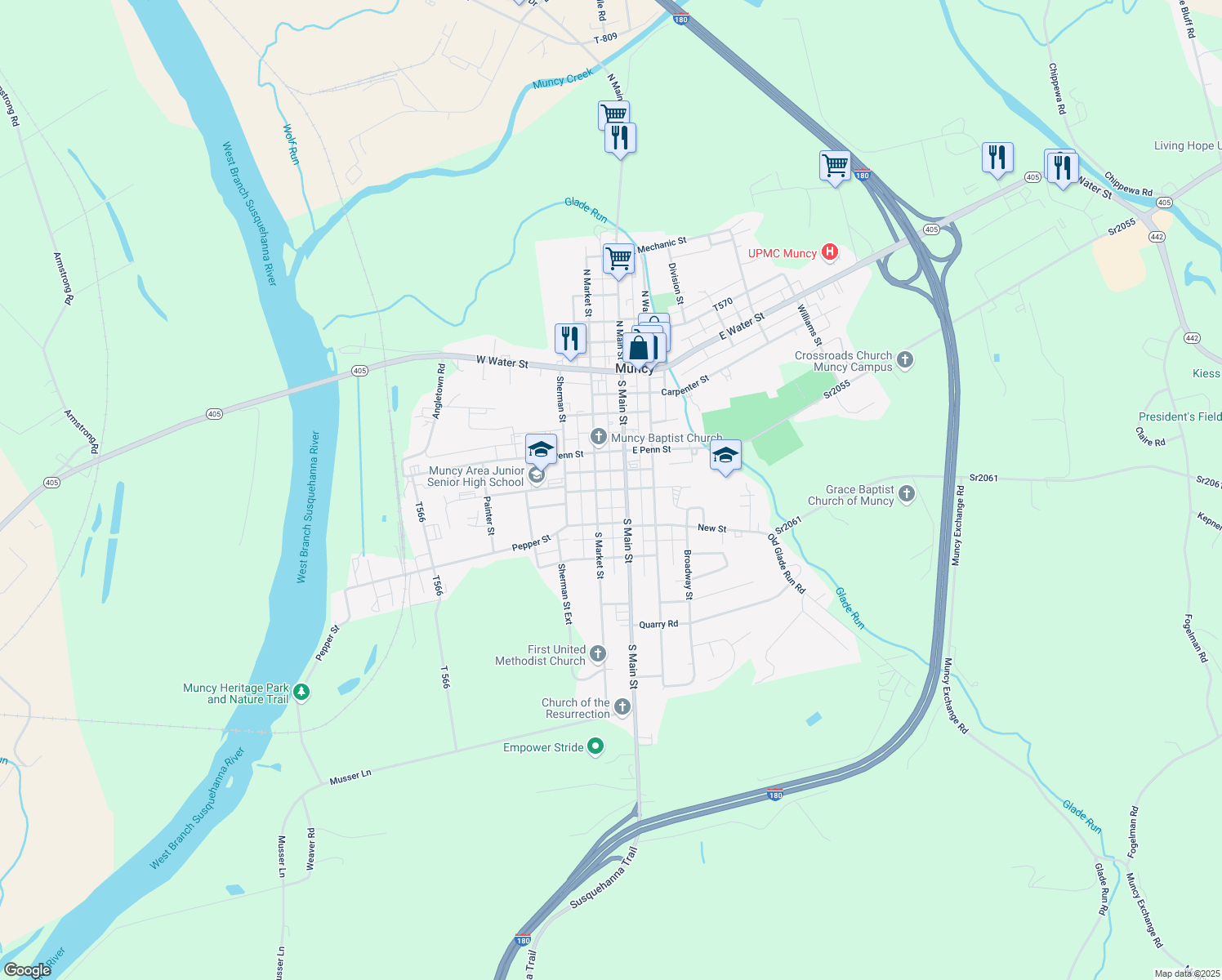 map of restaurants, bars, coffee shops, grocery stores, and more near Mc Carty Alley in Muncy