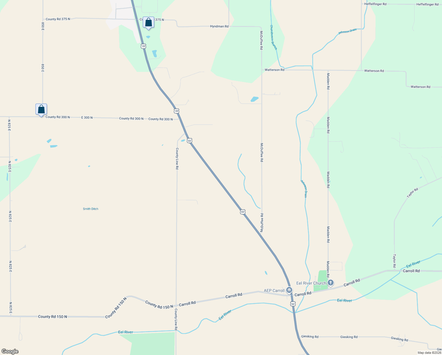 map of restaurants, bars, coffee shops, grocery stores, and more near 12314 U.S. 33 in Churubusco