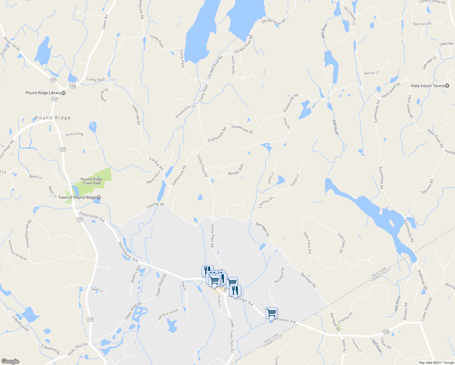 map of restaurants, bars, coffee shops, grocery stores, and more near 15 Bender Way in Pound Ridge