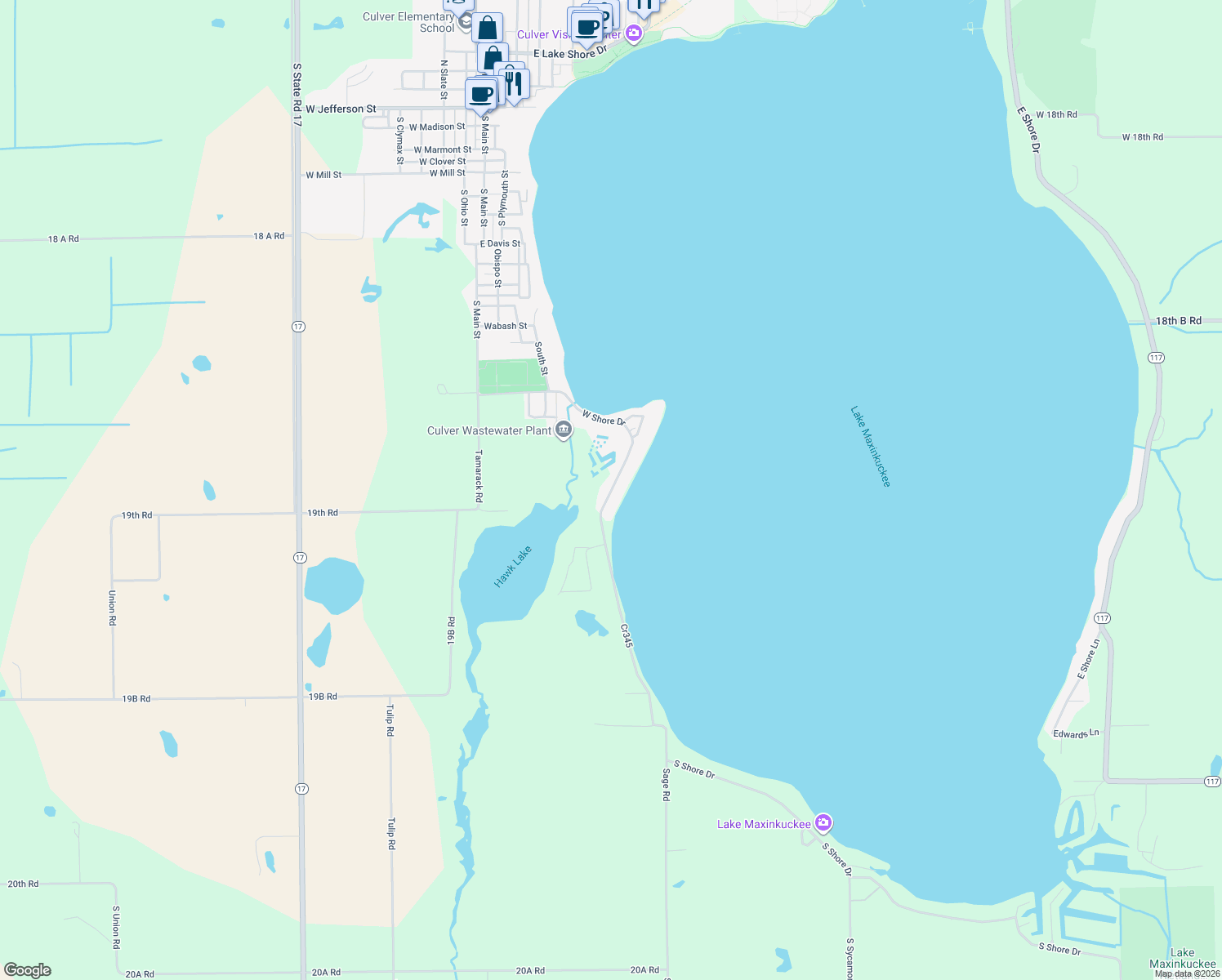 map of restaurants, bars, coffee shops, grocery stores, and more near W Shore Dr in Culver