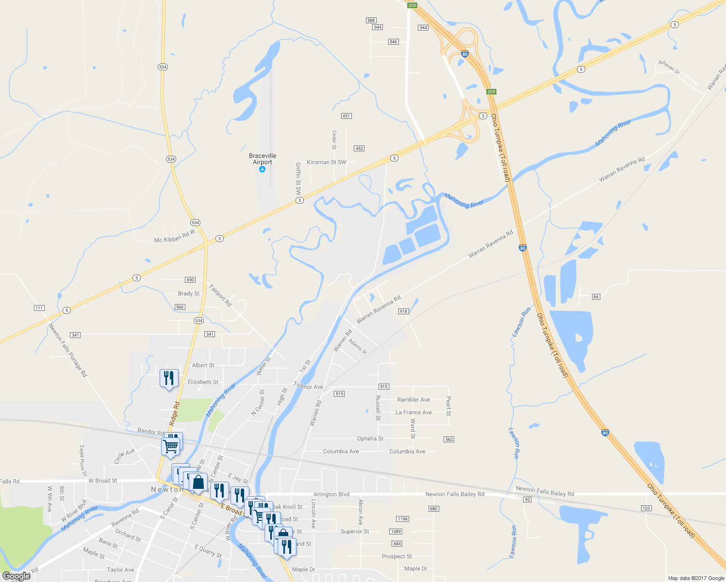 map of restaurants, bars, coffee shops, grocery stores, and more near 4548 Mahoning Drive in Newton Falls