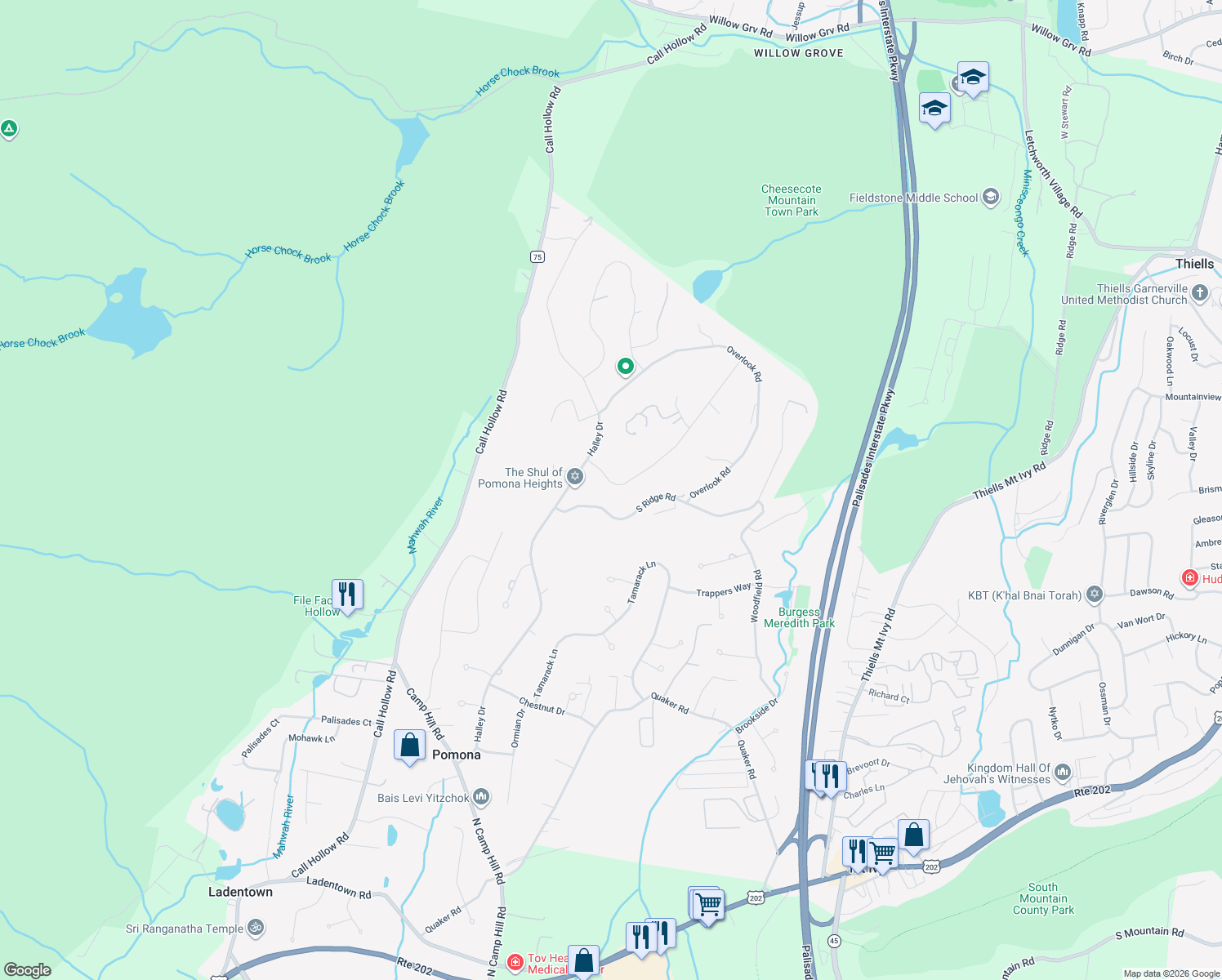 map of restaurants, bars, coffee shops, grocery stores, and more near 6 High Mountain Road in Pomona