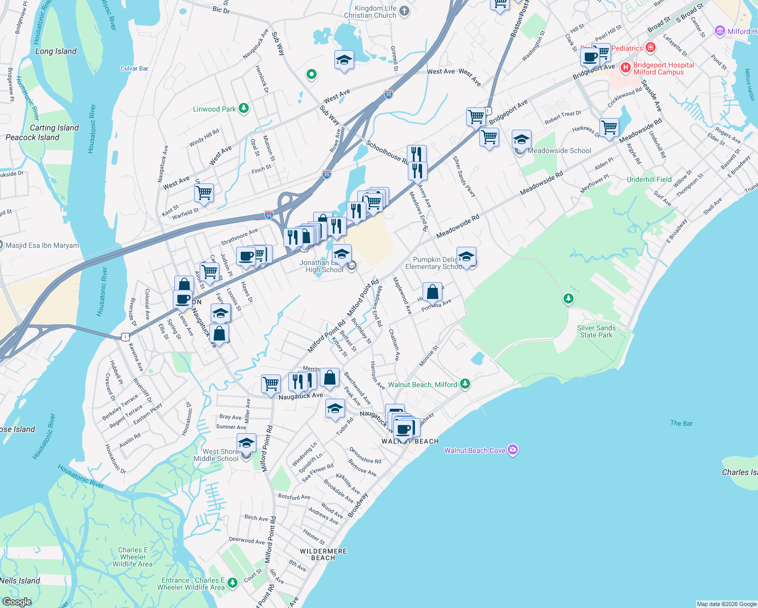 map of restaurants, bars, coffee shops, grocery stores, and more near 250 Meadows End Road in Milford