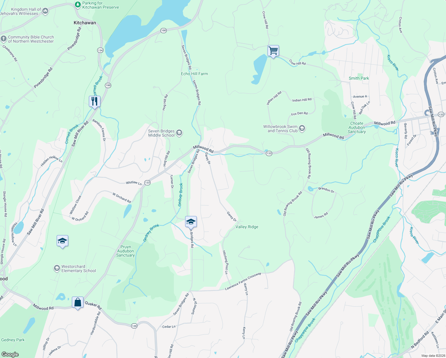 map of restaurants, bars, coffee shops, grocery stores, and more near 1 Pondfield Drive South in Chappaqua