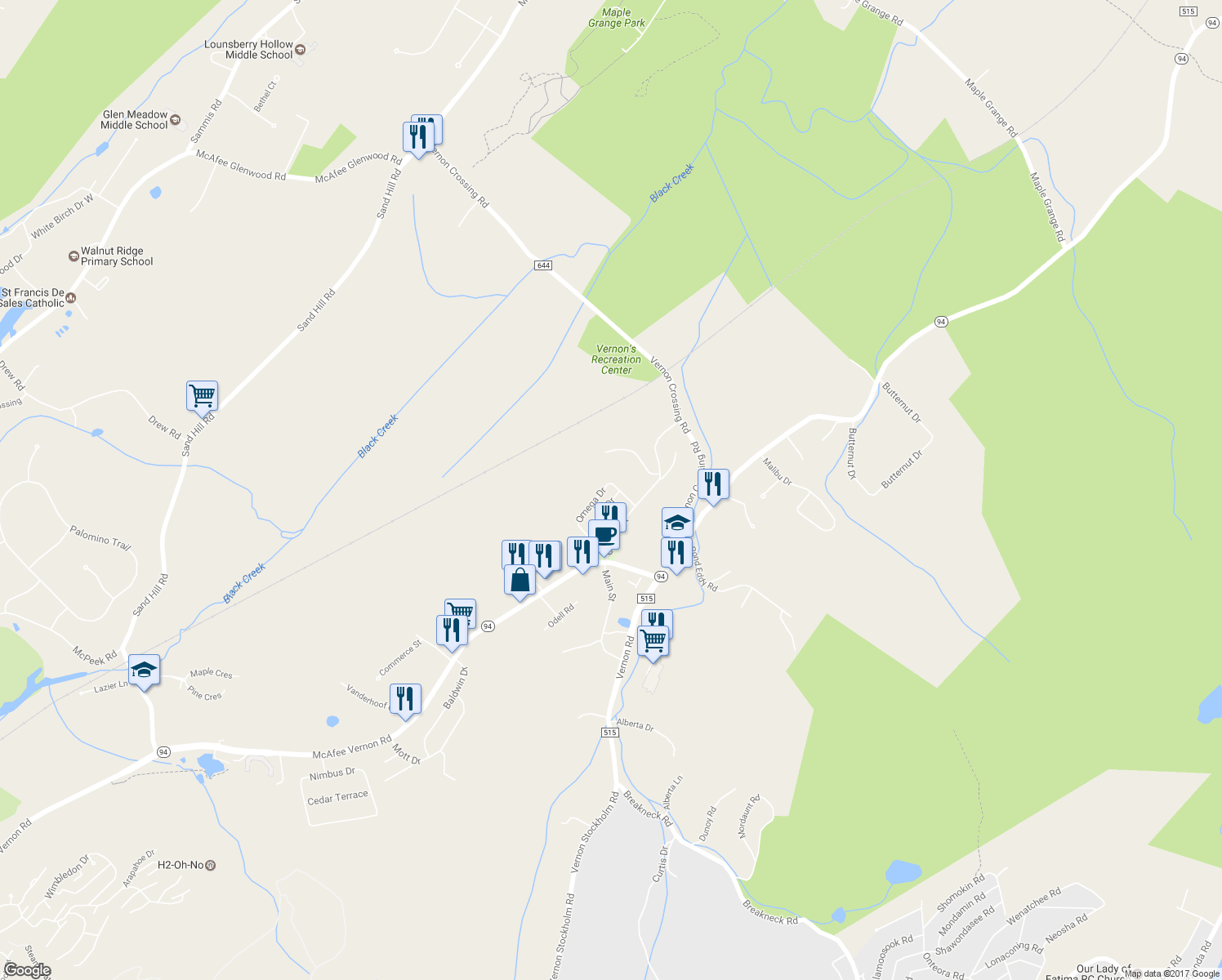 map of restaurants, bars, coffee shops, grocery stores, and more near 11 Theta Drive in Sussex County