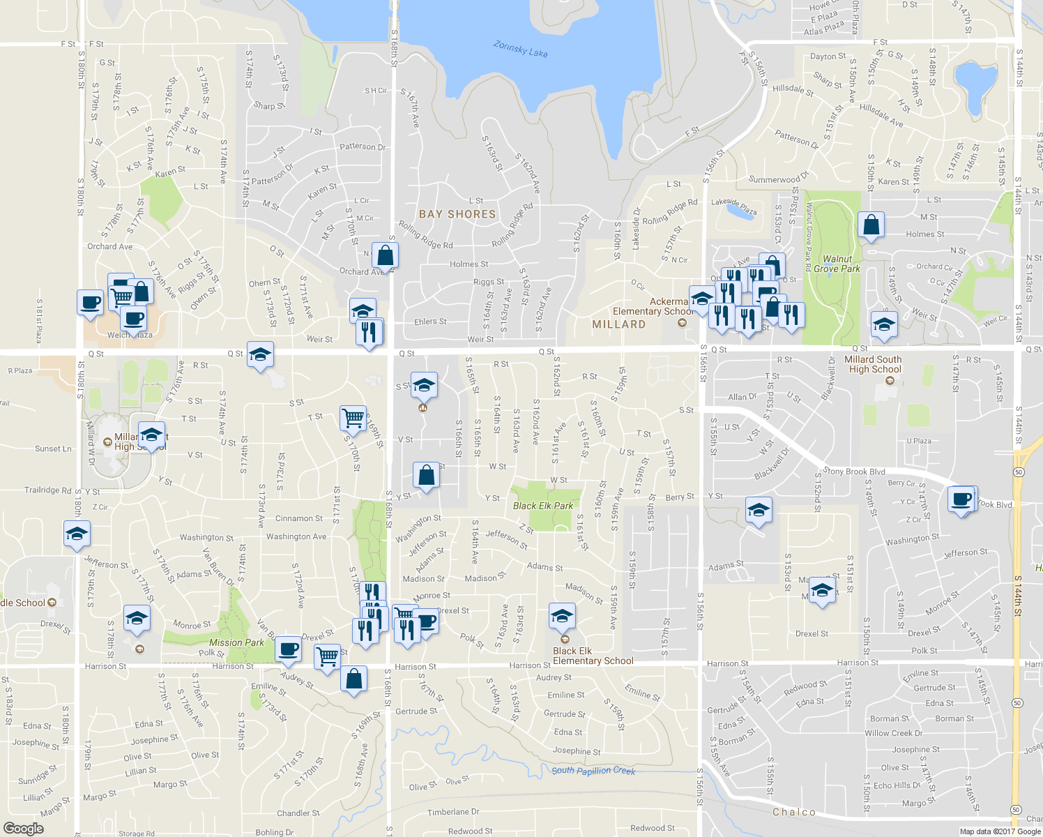 map of restaurants, bars, coffee shops, grocery stores, and more near 5511 South 163rd Avenue in Omaha