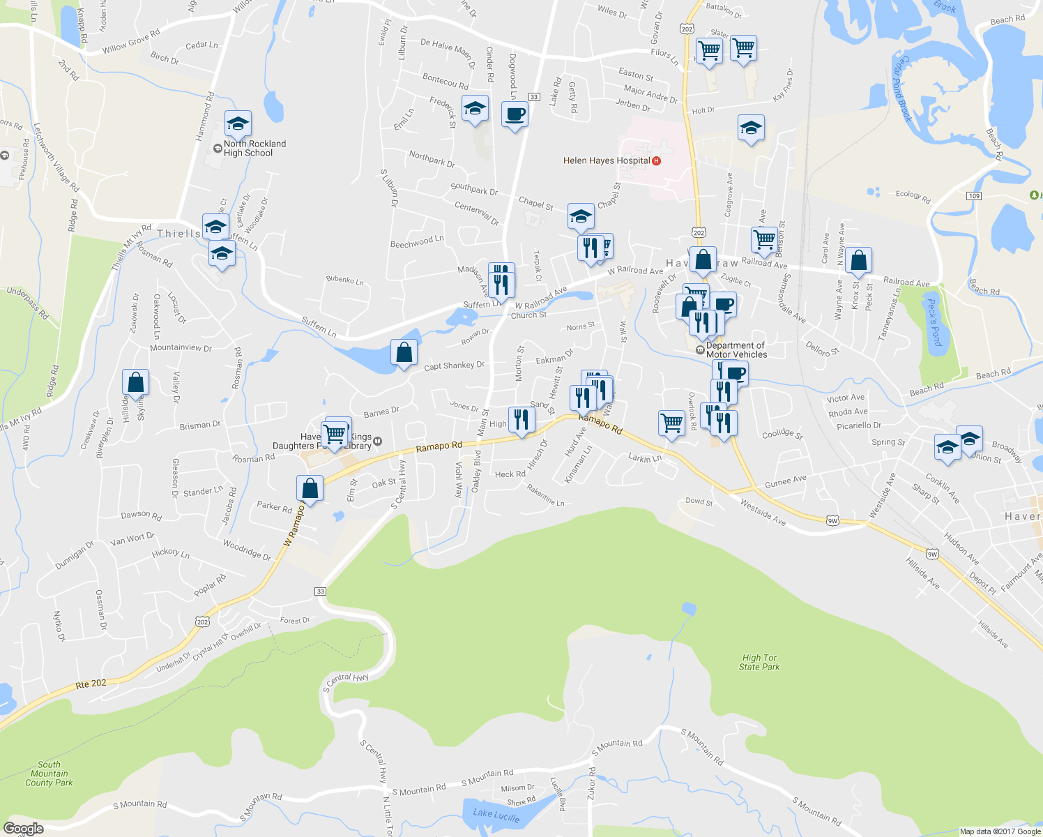 map of restaurants, bars, coffee shops, grocery stores, and more near 30 High Street in West Haverstraw