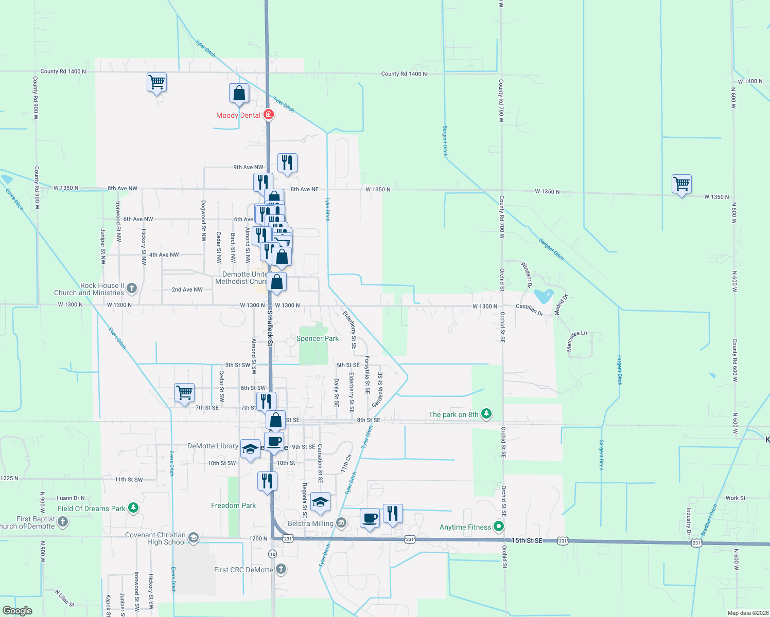 map of restaurants, bars, coffee shops, grocery stores, and more near 718 East Division Road in De Motte