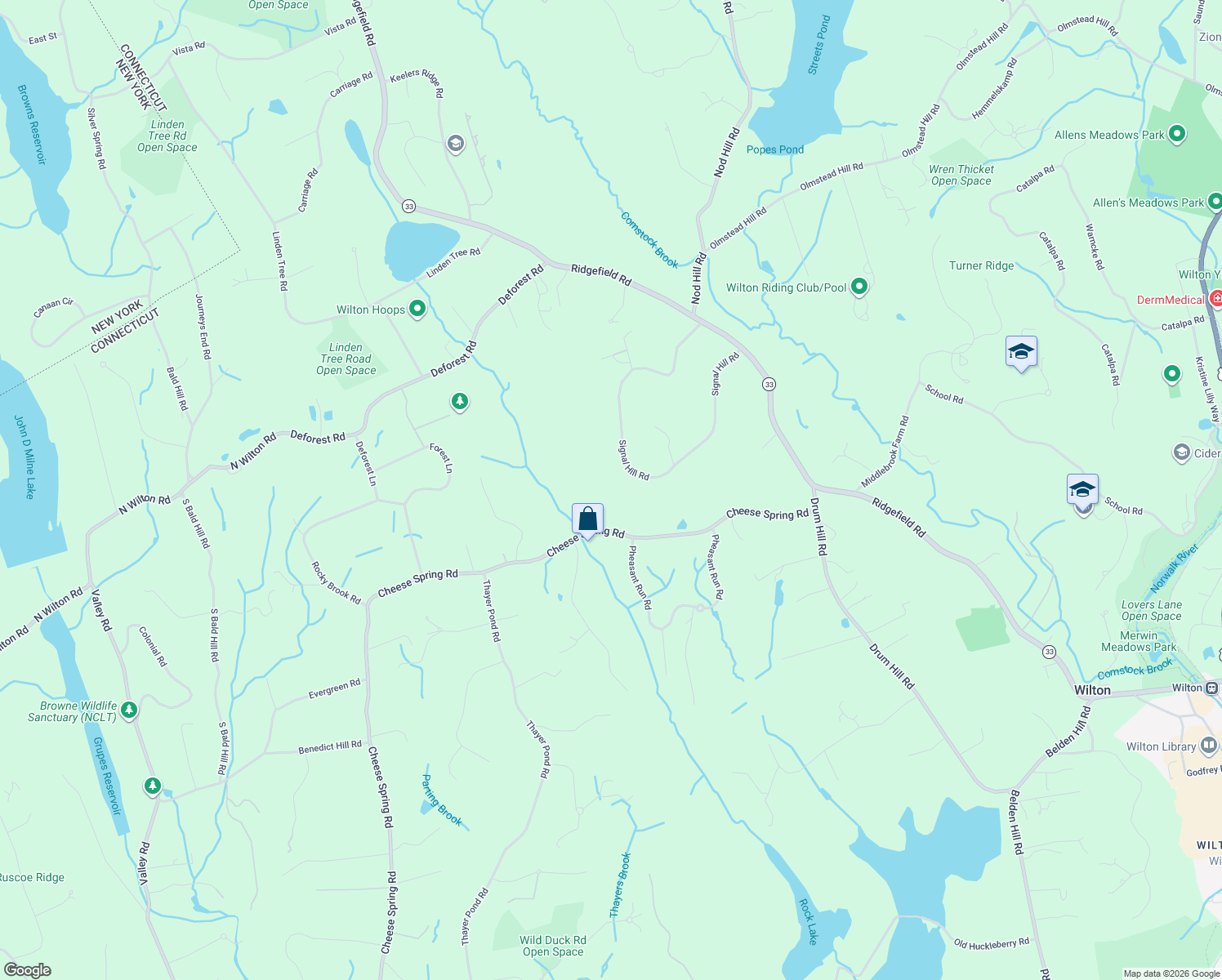 map of restaurants, bars, coffee shops, grocery stores, and more near 115 Signal Hill Road in Wilton