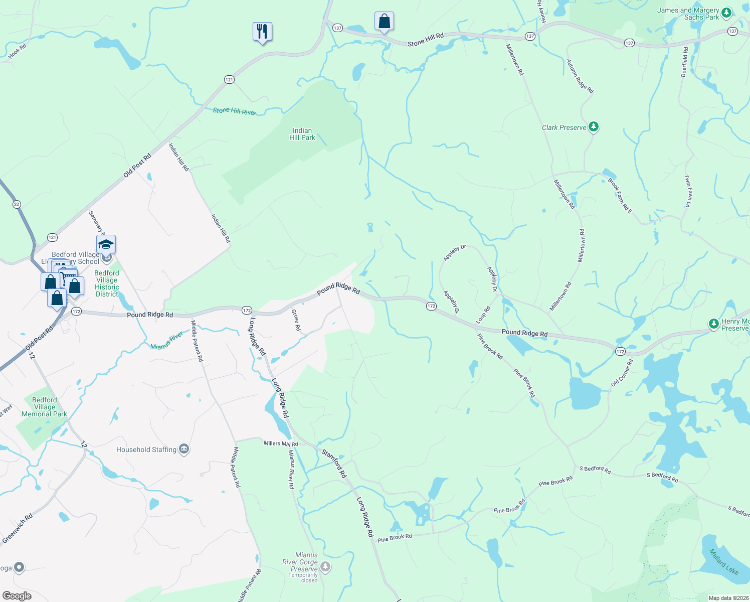 map of restaurants, bars, coffee shops, grocery stores, and more near 290-324 Pound Ridge Rd in Bedford