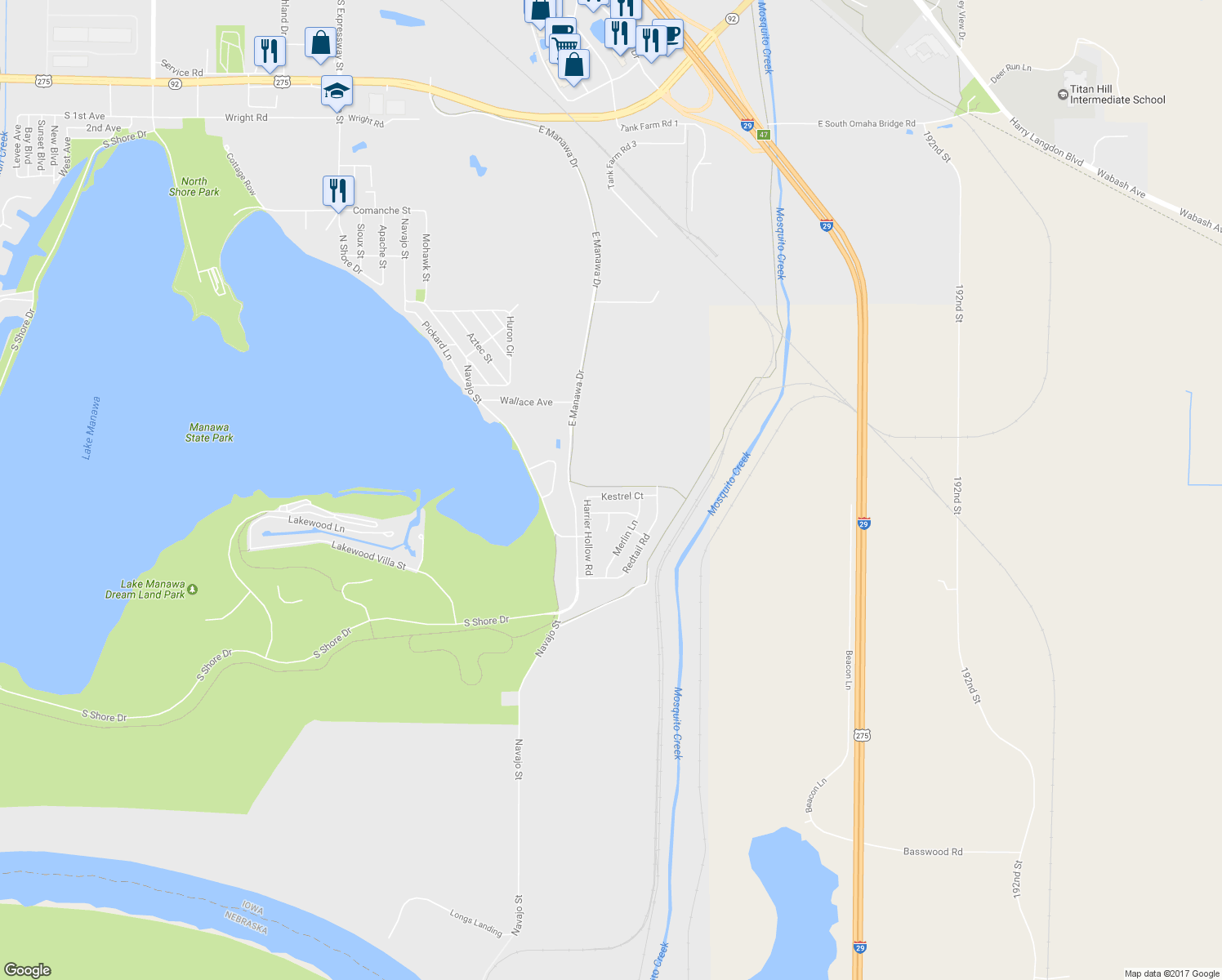 map of restaurants, bars, coffee shops, grocery stores, and more near 200 Kestrel Court in Council Bluffs
