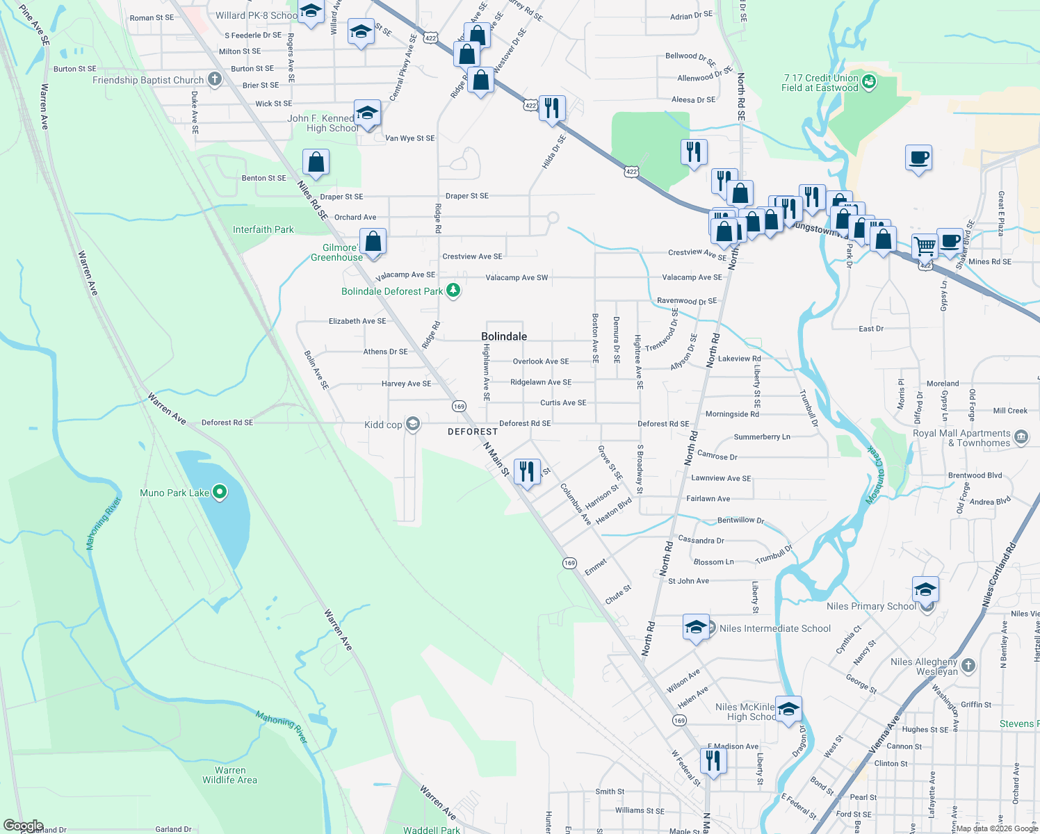 map of restaurants, bars, coffee shops, grocery stores, and more near 3946 Flory Avenue Southeast in Warren