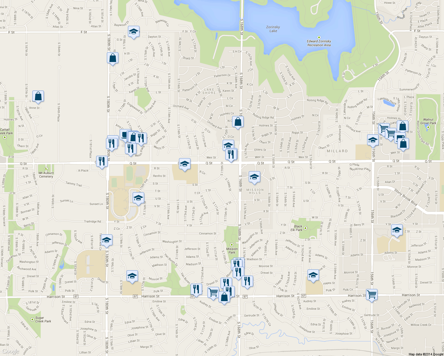 map of restaurants, bars, coffee shops, grocery stores, and more near 5404 South 169th Street in Omaha