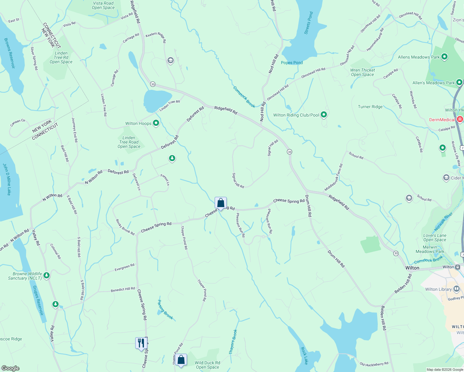 map of restaurants, bars, coffee shops, grocery stores, and more near 115 Signal Hill Road in Wilton
