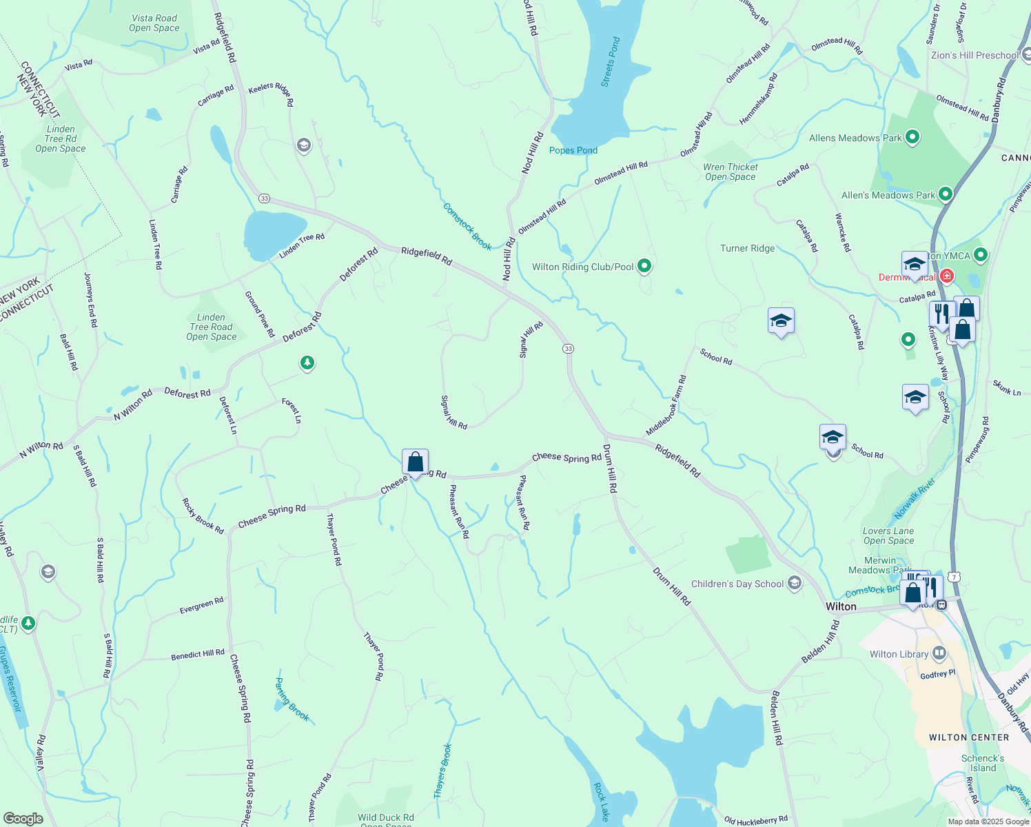 map of restaurants, bars, coffee shops, grocery stores, and more near 67 Signal Hill Road in Wilton