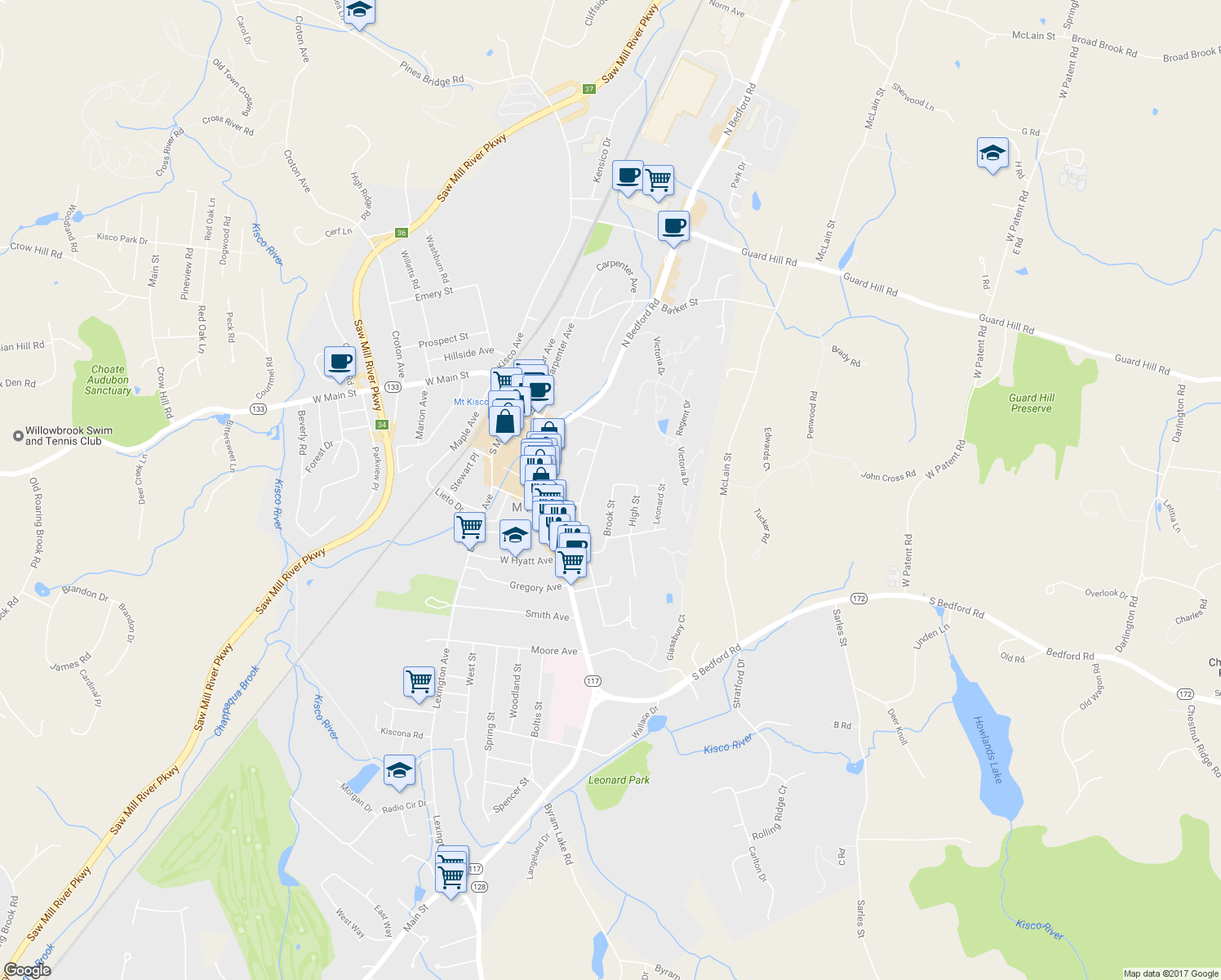 map of restaurants, bars, coffee shops, grocery stores, and more near 4 Brook Street in Mount Kisco