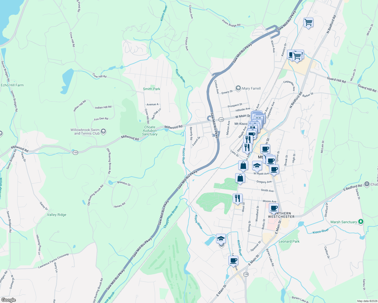 map of restaurants, bars, coffee shops, grocery stores, and more near 100 Beverly Road in Mount Kisco
