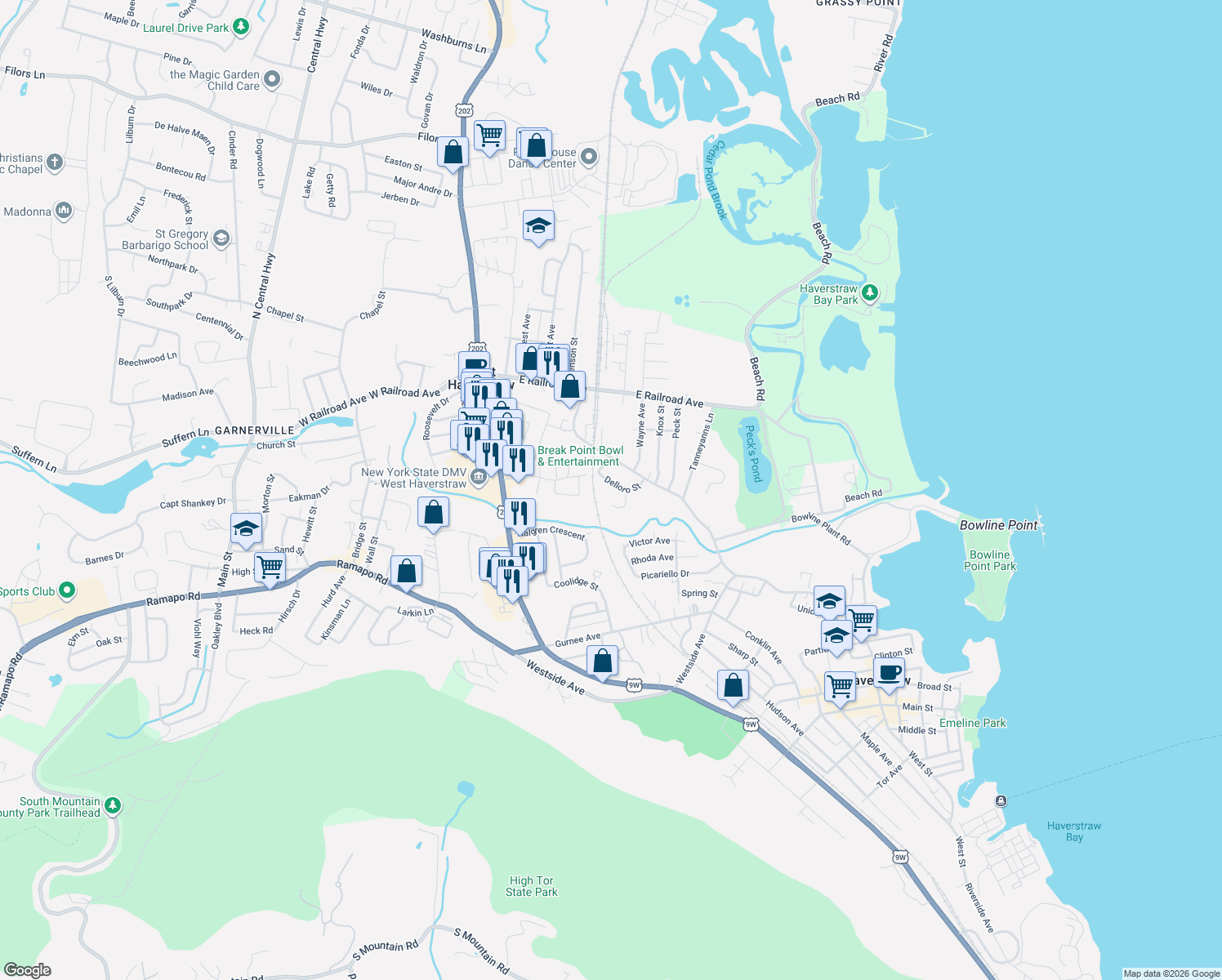 map of restaurants, bars, coffee shops, grocery stores, and more near 24 Delloro Street in West Haverstraw