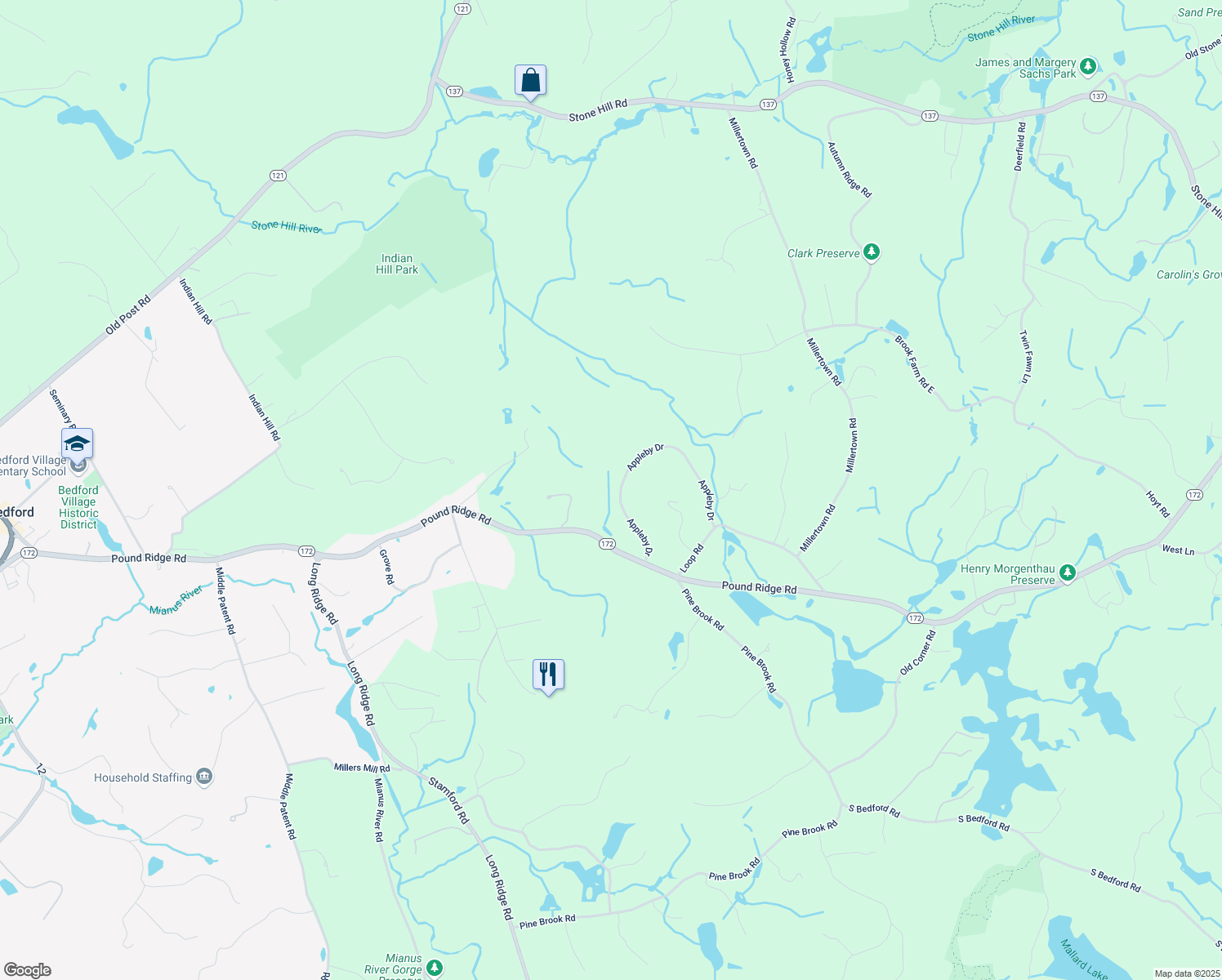 map of restaurants, bars, coffee shops, grocery stores, and more near 34 Appleby Drive in Bedford