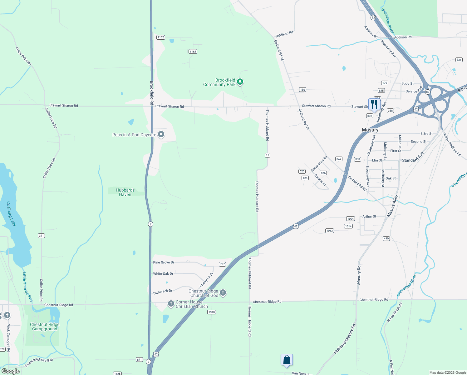 map of restaurants, bars, coffee shops, grocery stores, and more near 1410 Thomas Hubbard Road in Hubbard