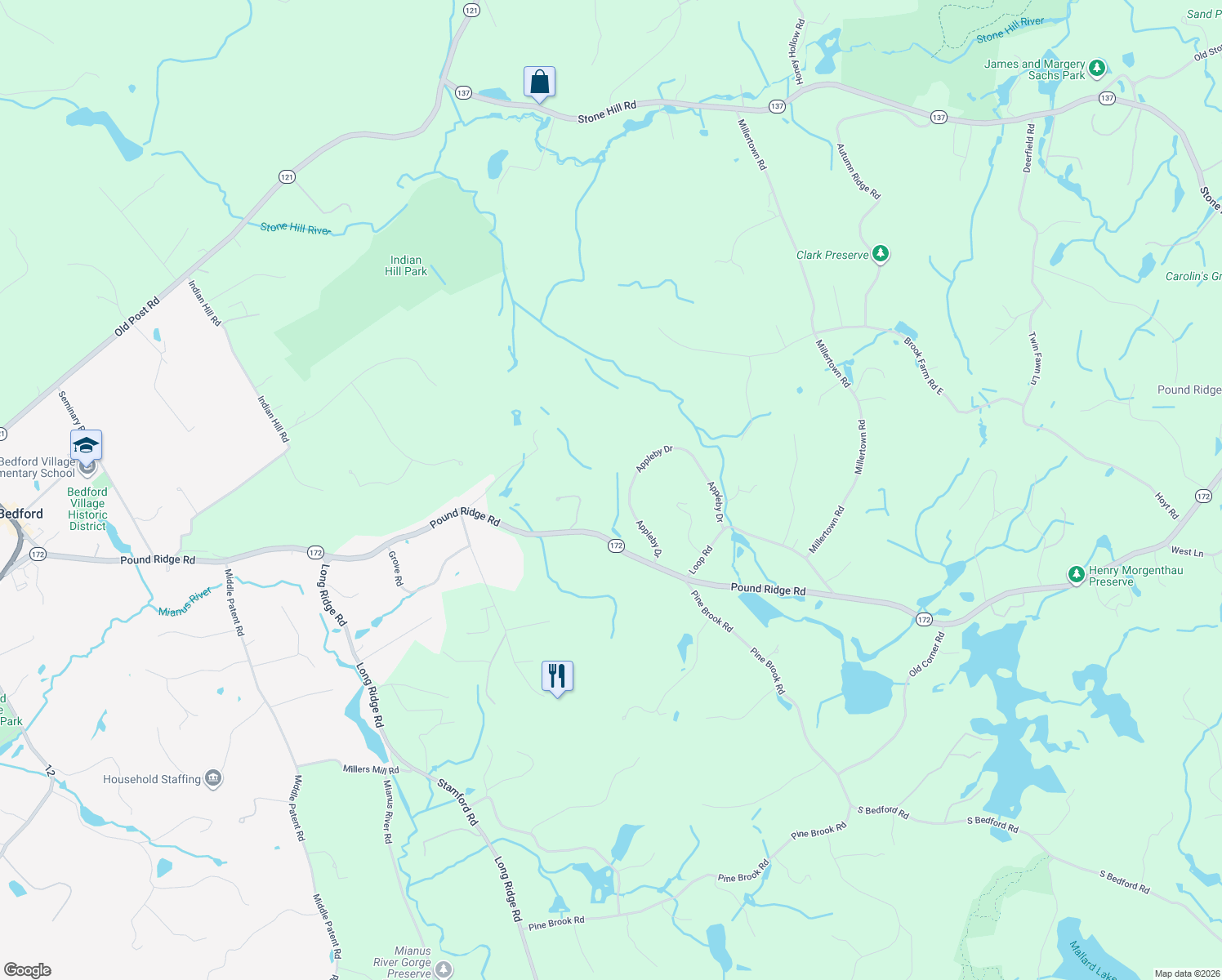 map of restaurants, bars, coffee shops, grocery stores, and more near 34 Appleby Drive in Bedford