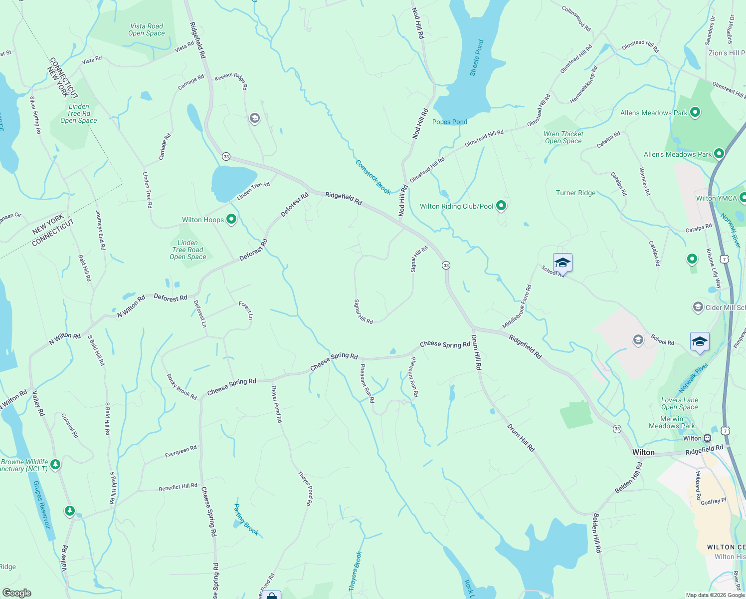 map of restaurants, bars, coffee shops, grocery stores, and more near 132 Signal Hill Road in Wilton