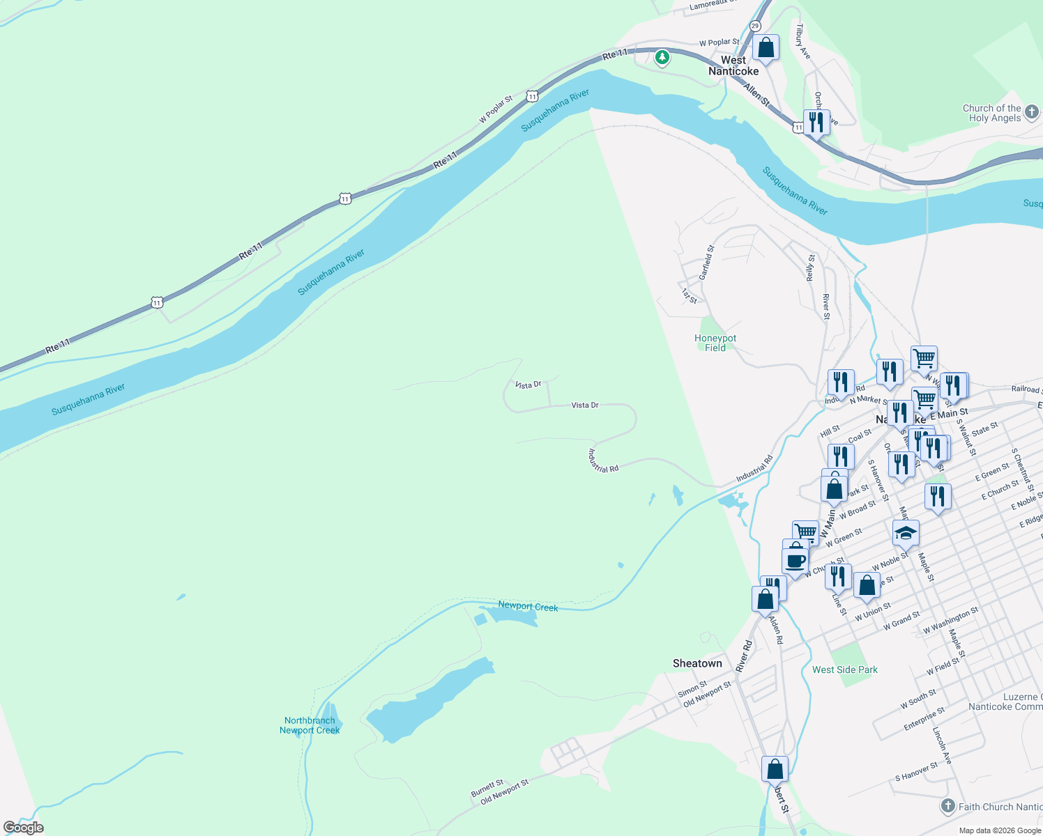 map of restaurants, bars, coffee shops, grocery stores, and more near 37 Vista Drive in Nanticoke