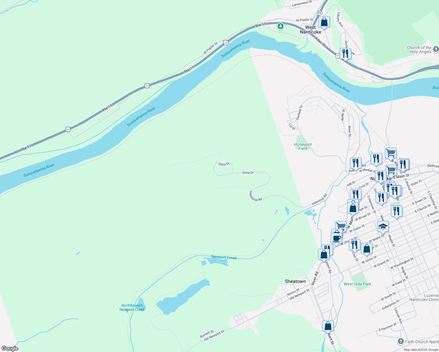 map of restaurants, bars, coffee shops, grocery stores, and more near 37 Vista Dr in Nanticoke