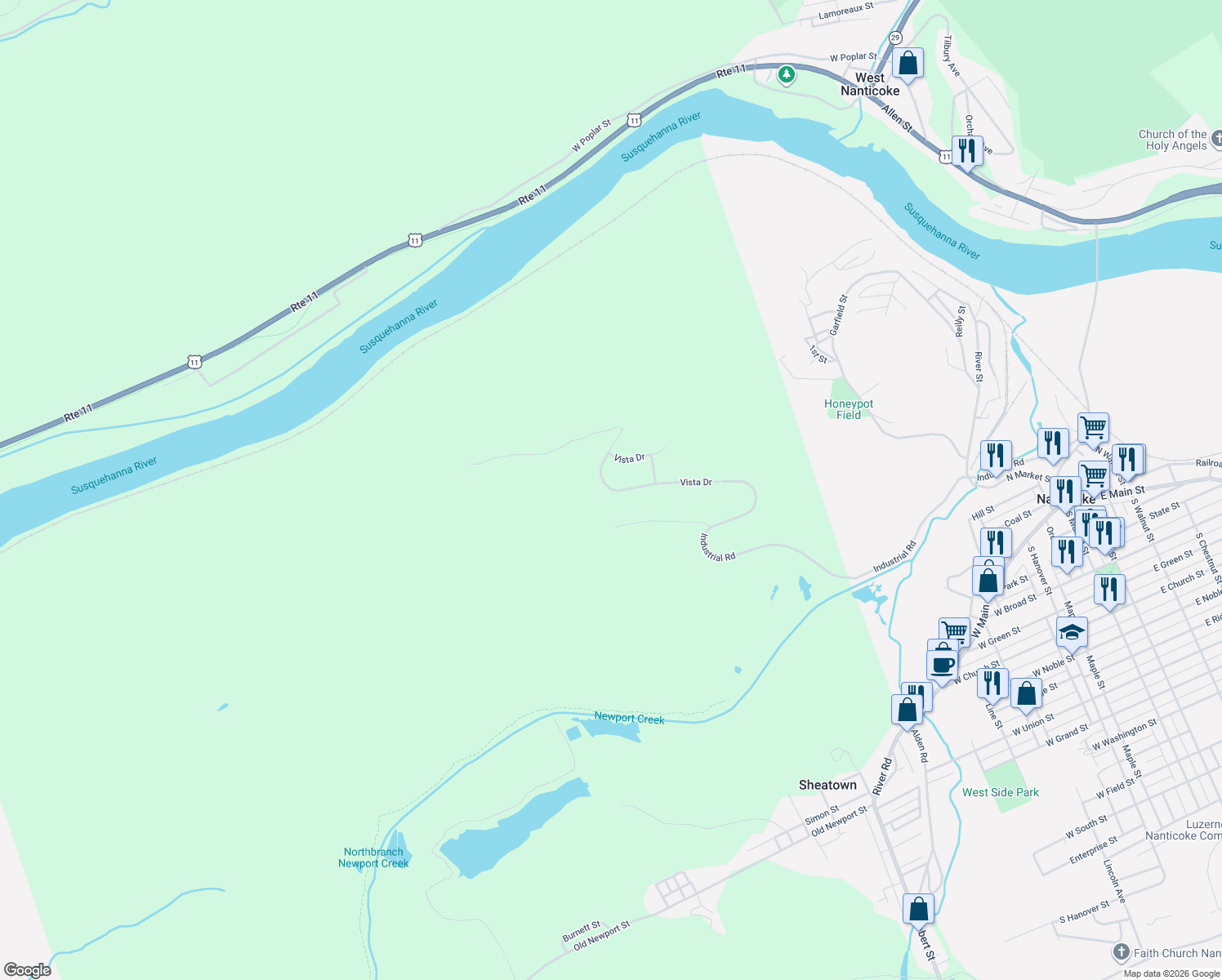 map of restaurants, bars, coffee shops, grocery stores, and more near 37 Vista Dr in Nanticoke