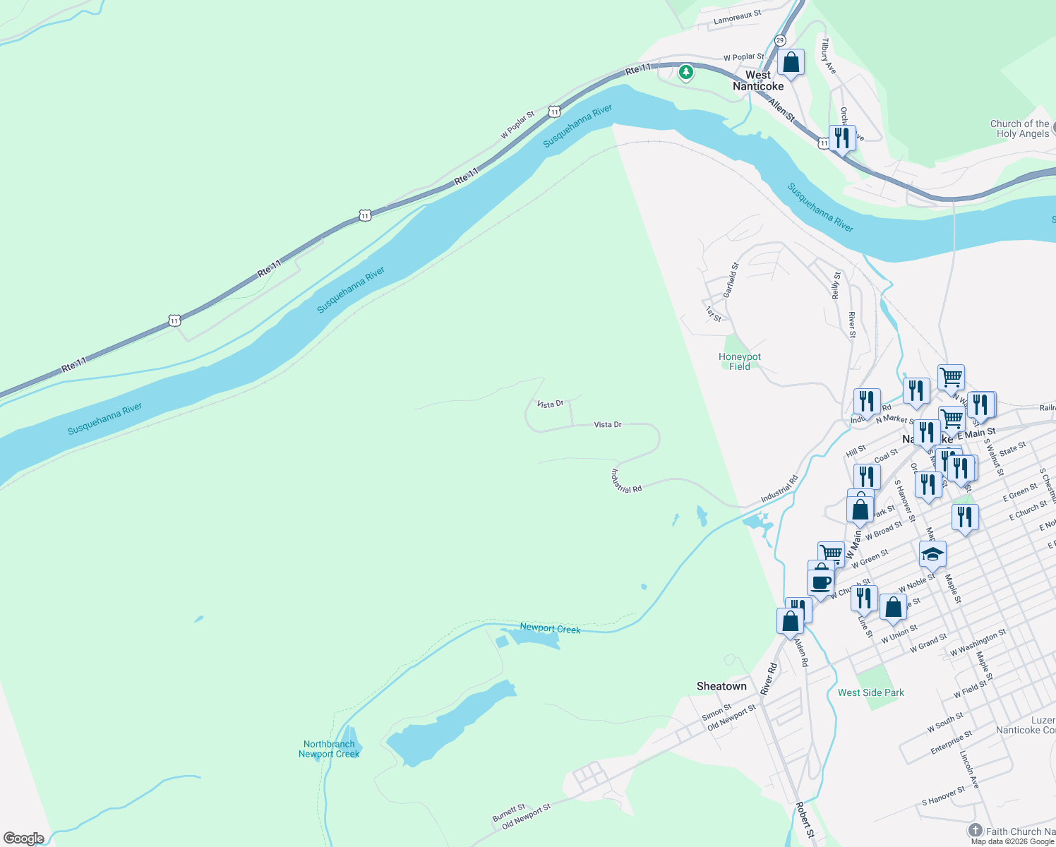 map of restaurants, bars, coffee shops, grocery stores, and more near 44 Vista Dr in Nanticoke