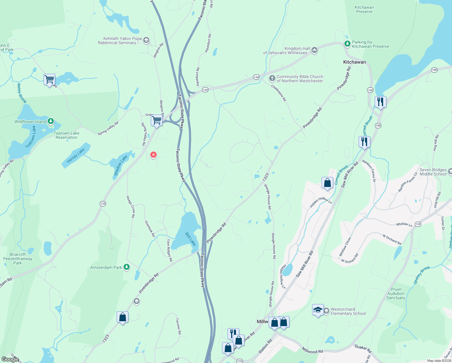 map of restaurants, bars, coffee shops, grocery stores, and more near 18 Adams Road in Ossining