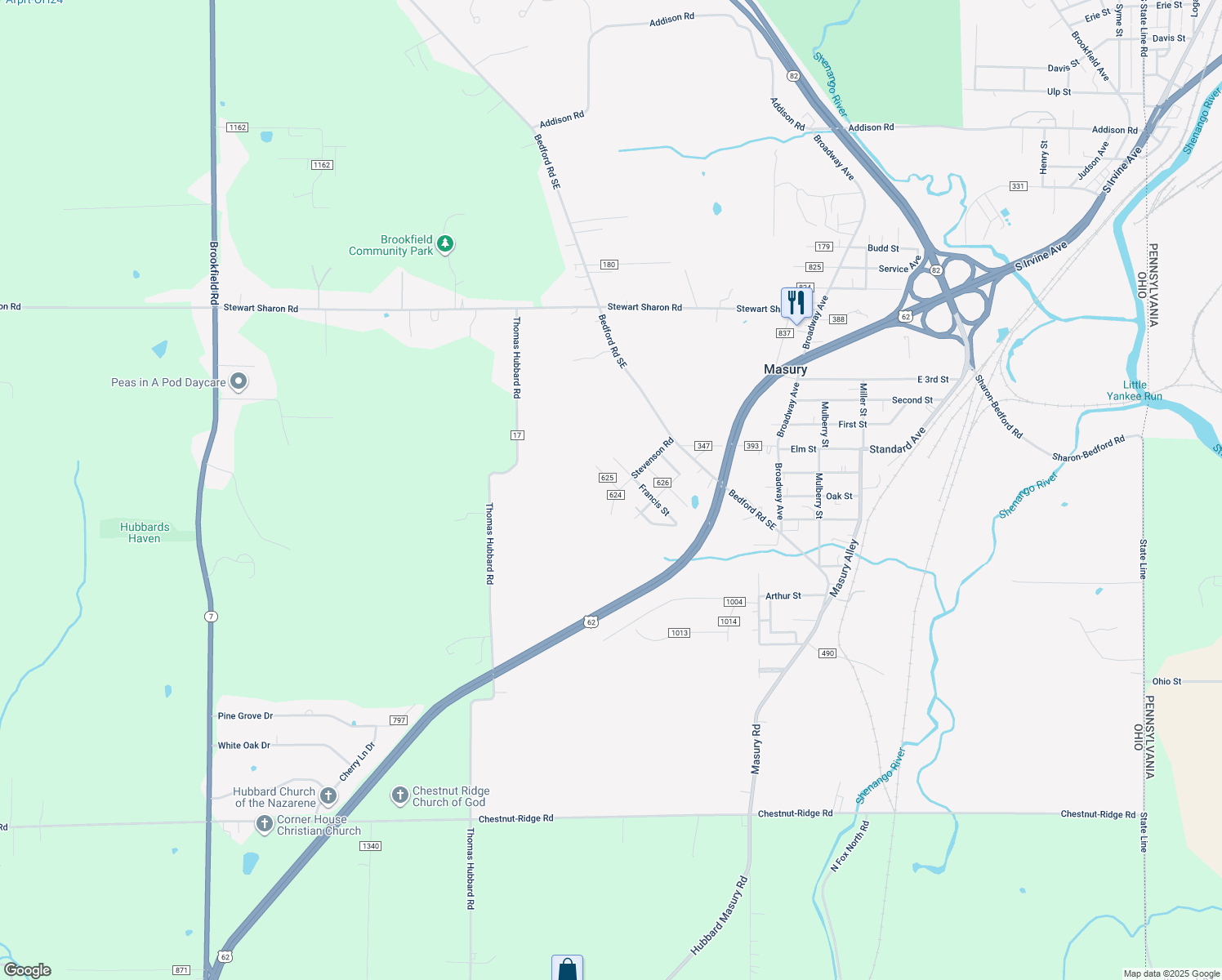 map of restaurants, bars, coffee shops, grocery stores, and more near 1392 Stevenson Road in Masury