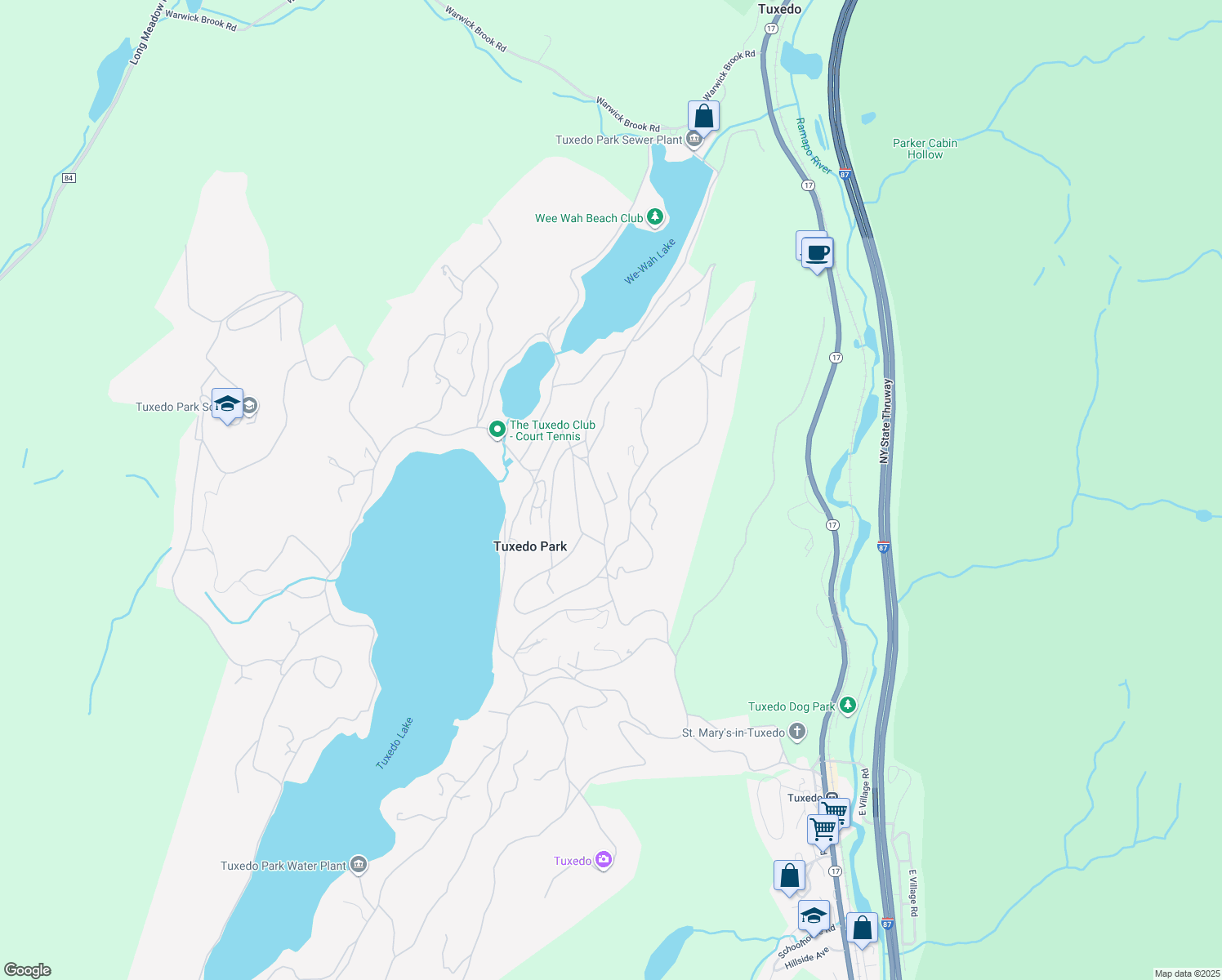 map of restaurants, bars, coffee shops, grocery stores, and more near 7 Stable Road in Tuxedo Park