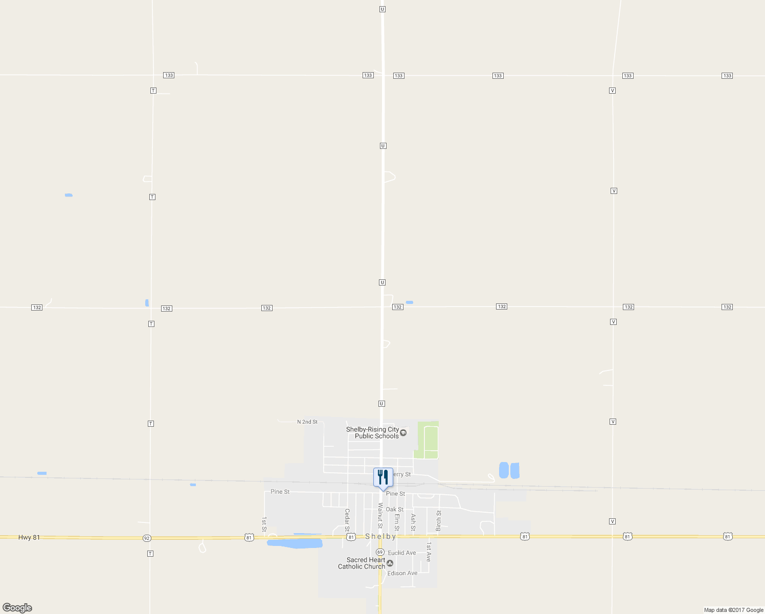 map of restaurants, bars, coffee shops, grocery stores, and more near County Road 132 in Shelby