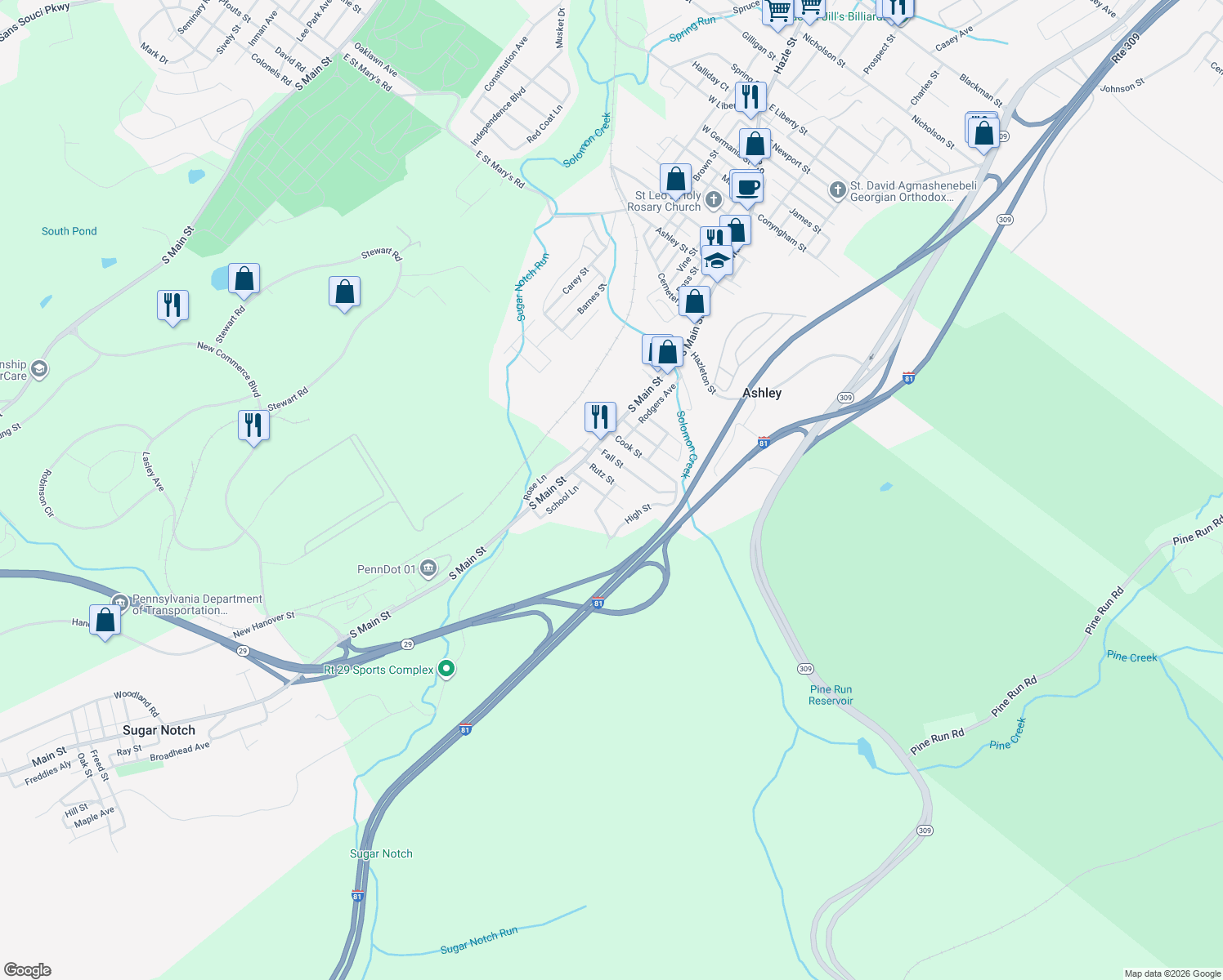map of restaurants, bars, coffee shops, grocery stores, and more near 12 Black St in Ashley